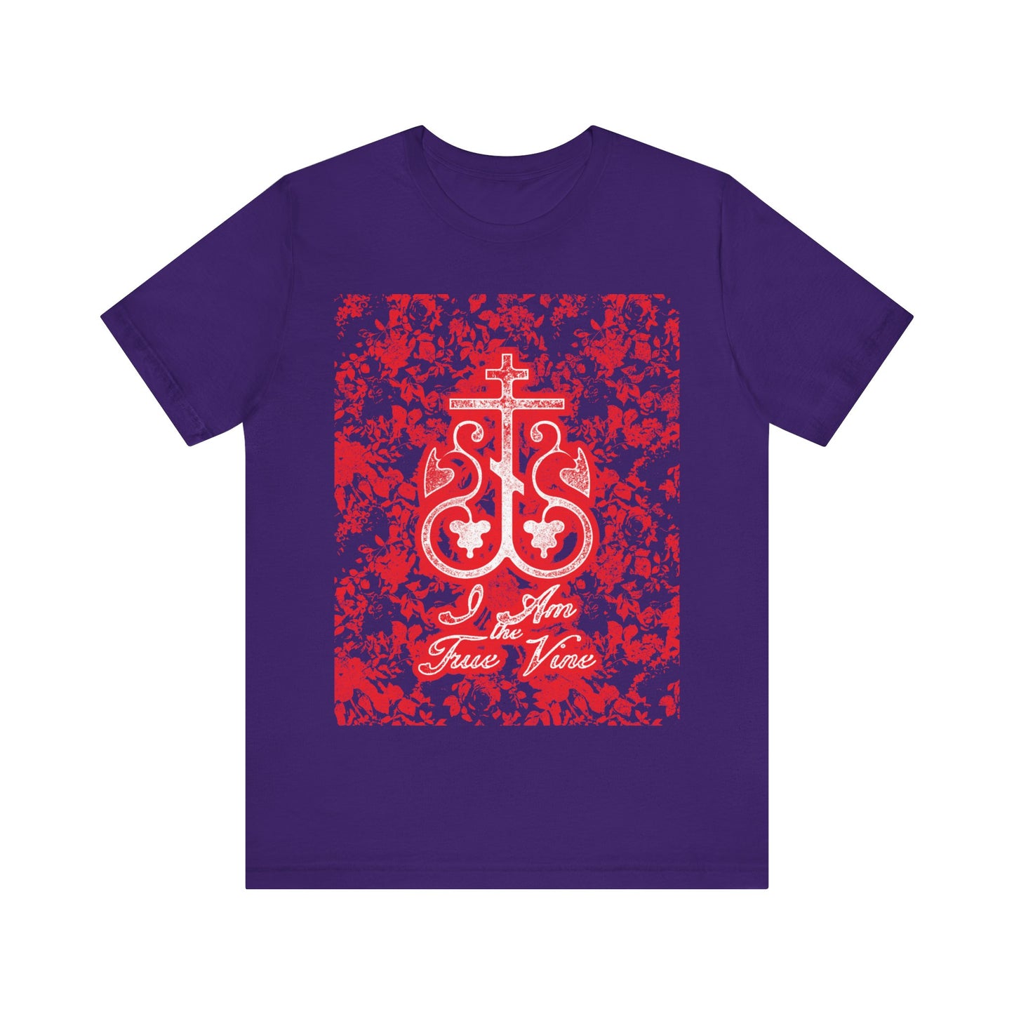 I Am the True Vine (John 15:1) | Orthodox Cross Vine Monogram | Red and Black Floral Design | Orthodox Christian T-Shirt