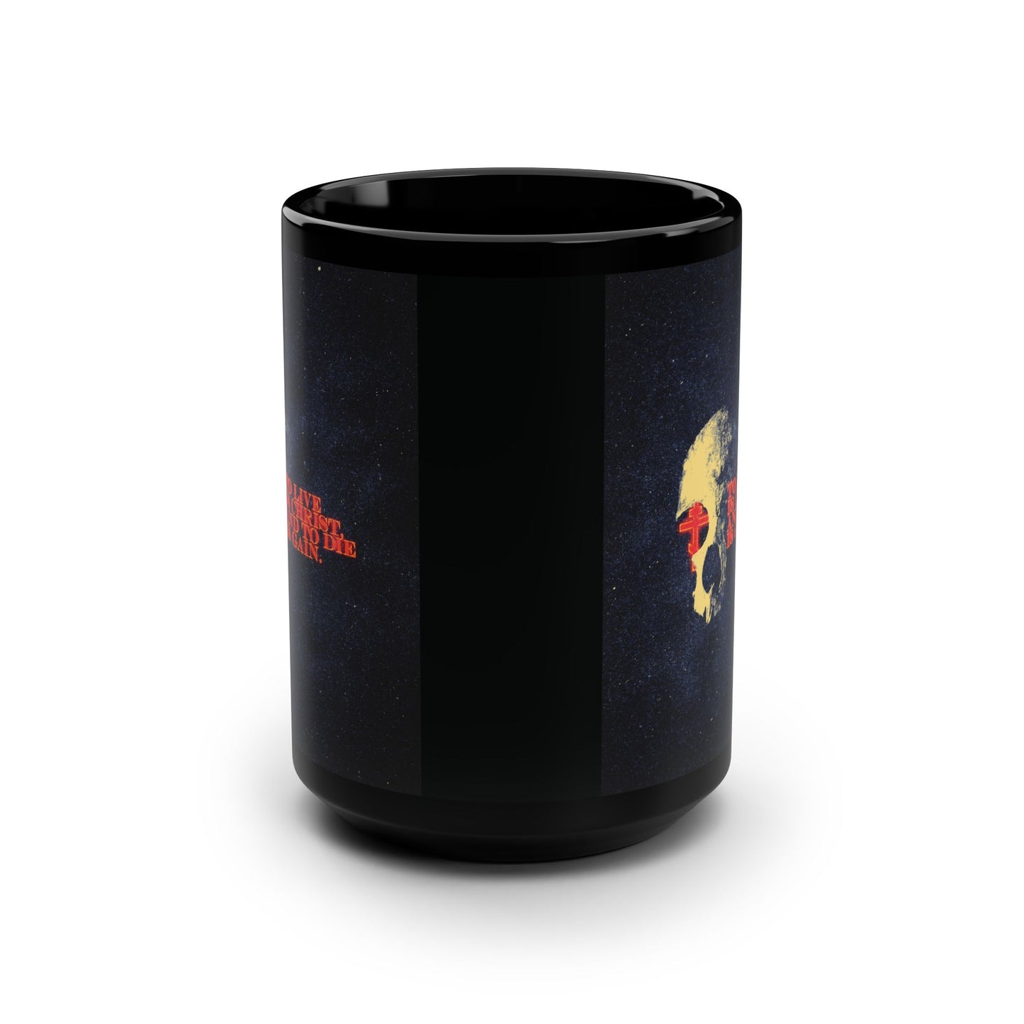 To Live is Christ and to Die is Gain | Phil 1:21 | Retro Texture | Glowing Letters and Cross with Skull | Orthodox Christian Black Mug