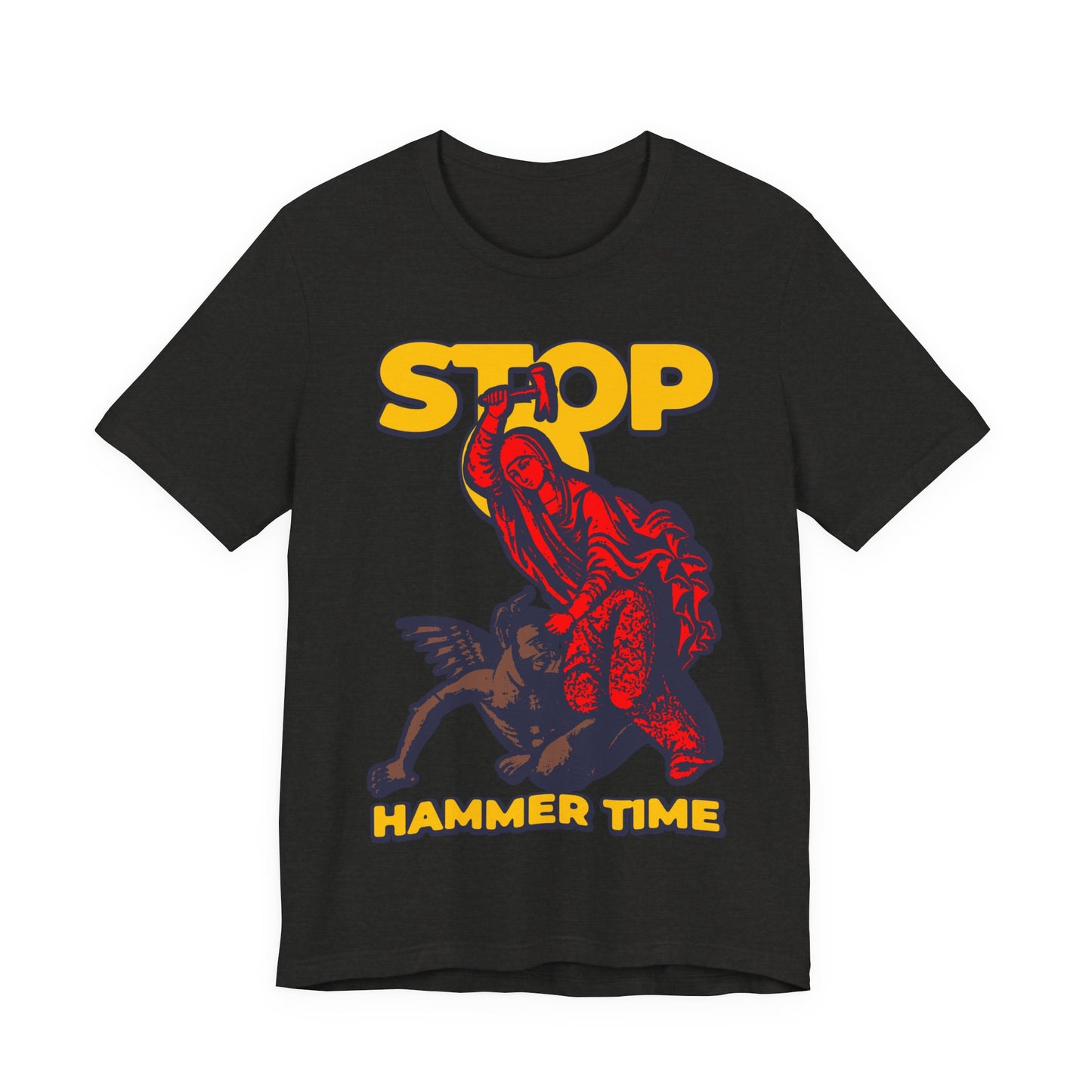 Black tee featuring St Marina of Antioch beating the devil with a hammer, inspired by Orthodox iconography. "Stop, Hammer Time" text; red, blue, and yellow design. Modern Christian meme unisex shirt.
