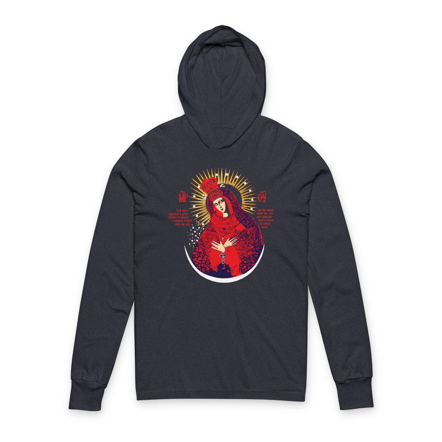 Our Lady the Gate of Dawn Icono-Graphic | Theotokos Crowned | Woman of the Apocalypse | Red Blue & Gold Design | Orthodox Hooded Shirt