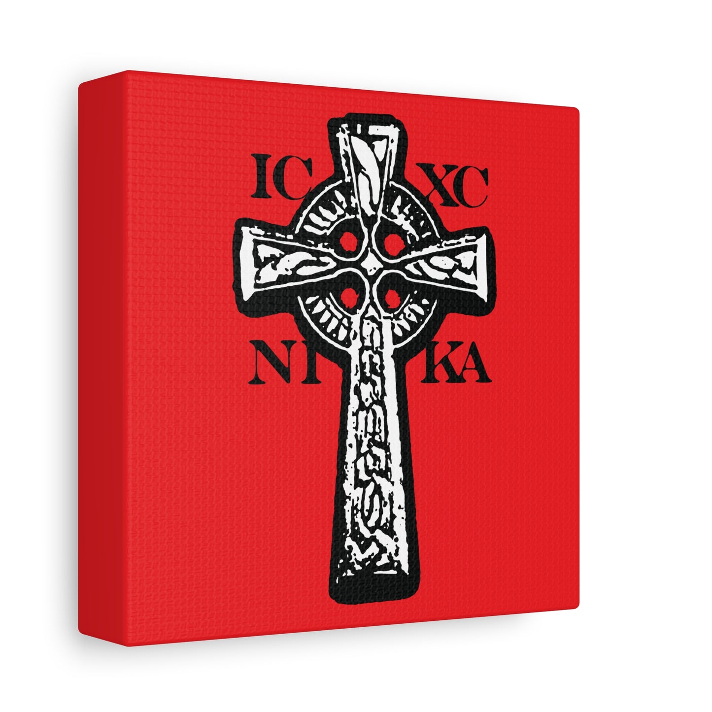 The ICXC NIKA Celtic Knotwork Cross features black and white detail on a vivid red background, symbolizing "Jesus Christ Conquers." This traditional Orthodox Christian wall art makes a bold statement of faith.