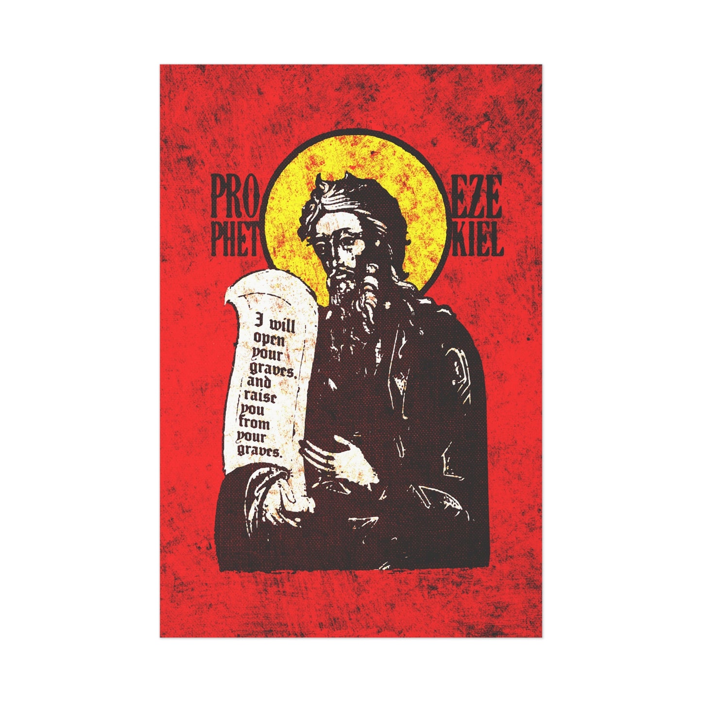 Prophet Ezekiel IconoGraphic | Textured, High Contrast Bright Red and Yellow Design | Old Testament | Orthodox Christian Art Poster