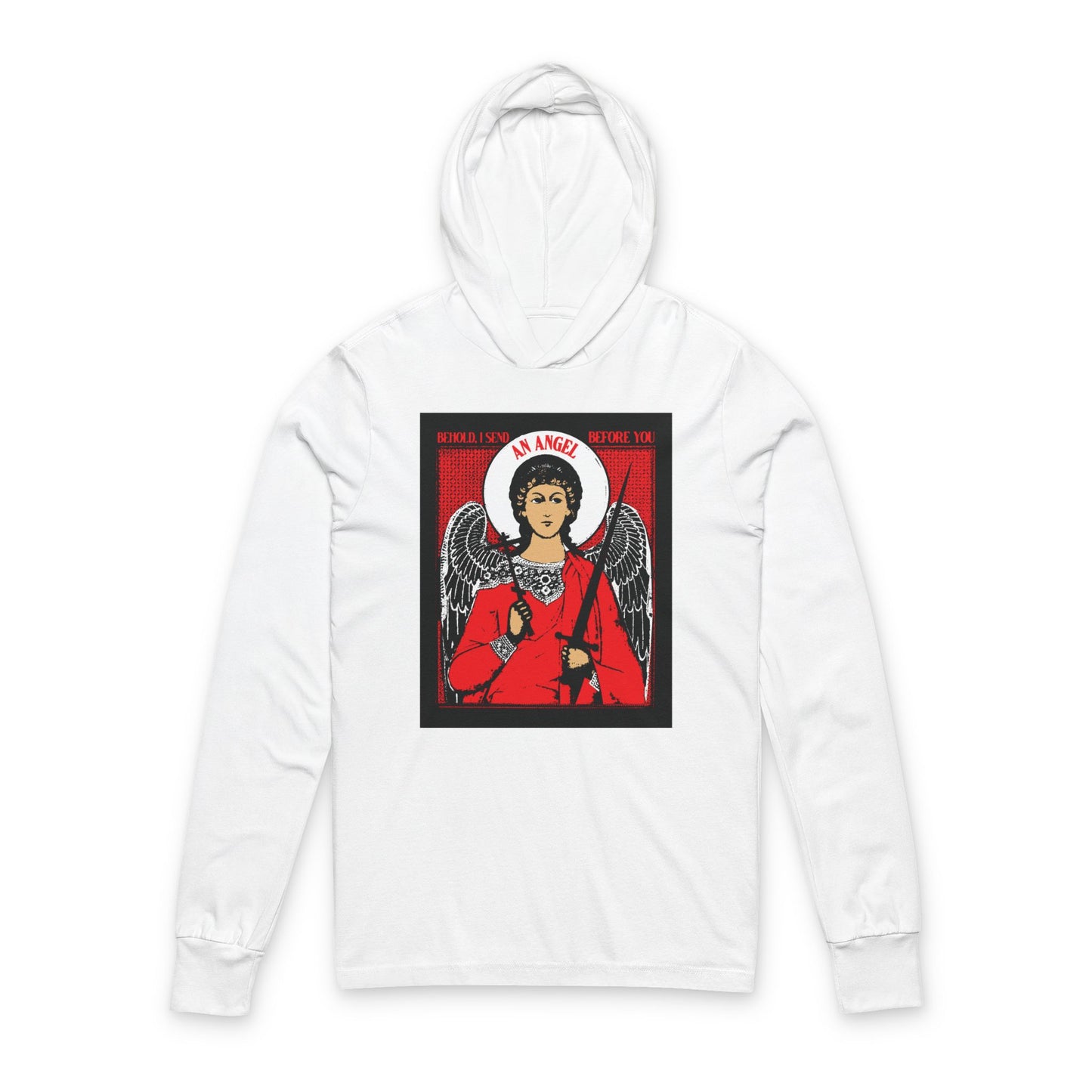 Behold I Send an Angel Before You (Ex 23:20) | Guardian Angel With Cross & Sword IconoGraphic | Orthodox Long Sleeve Hooded Shirt