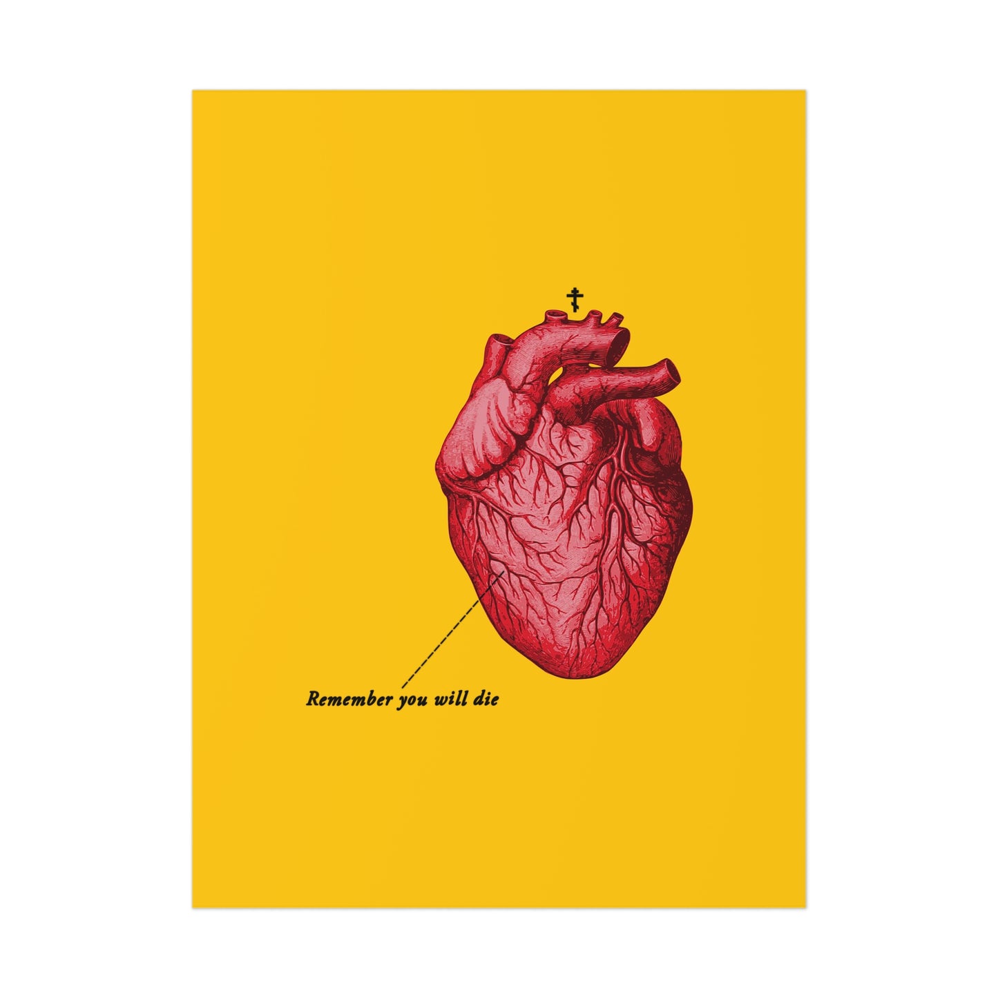 A retro medical textbook heart, red with an Orthodox cross, features the text "Remember You Will Die" and "Save me O Lord" on a bright yellow background. Memento mori Christian art poster: "It's Later Than You Think.