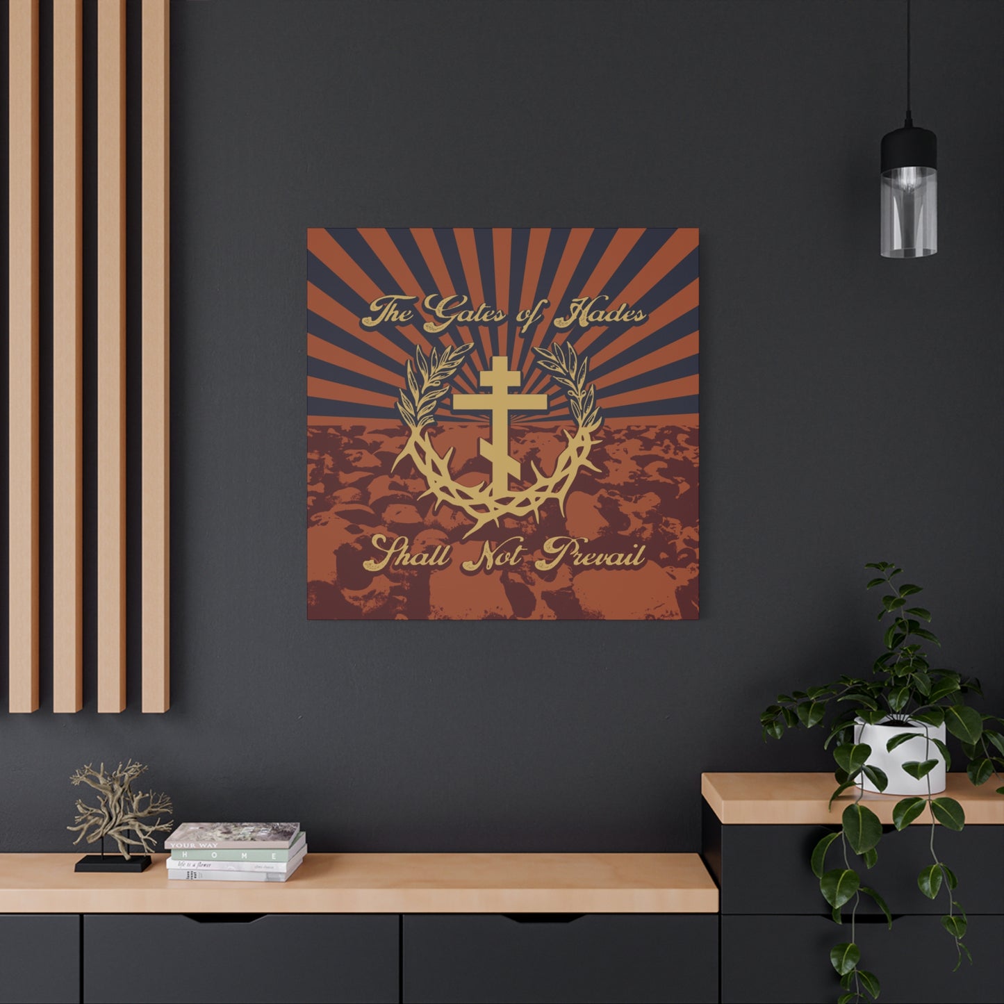The Gates of Hades Shall Not Prevail | Cross with Wreath & Crown of Thorns | Skulls and Rays | Orthodox Christian Canvas Art