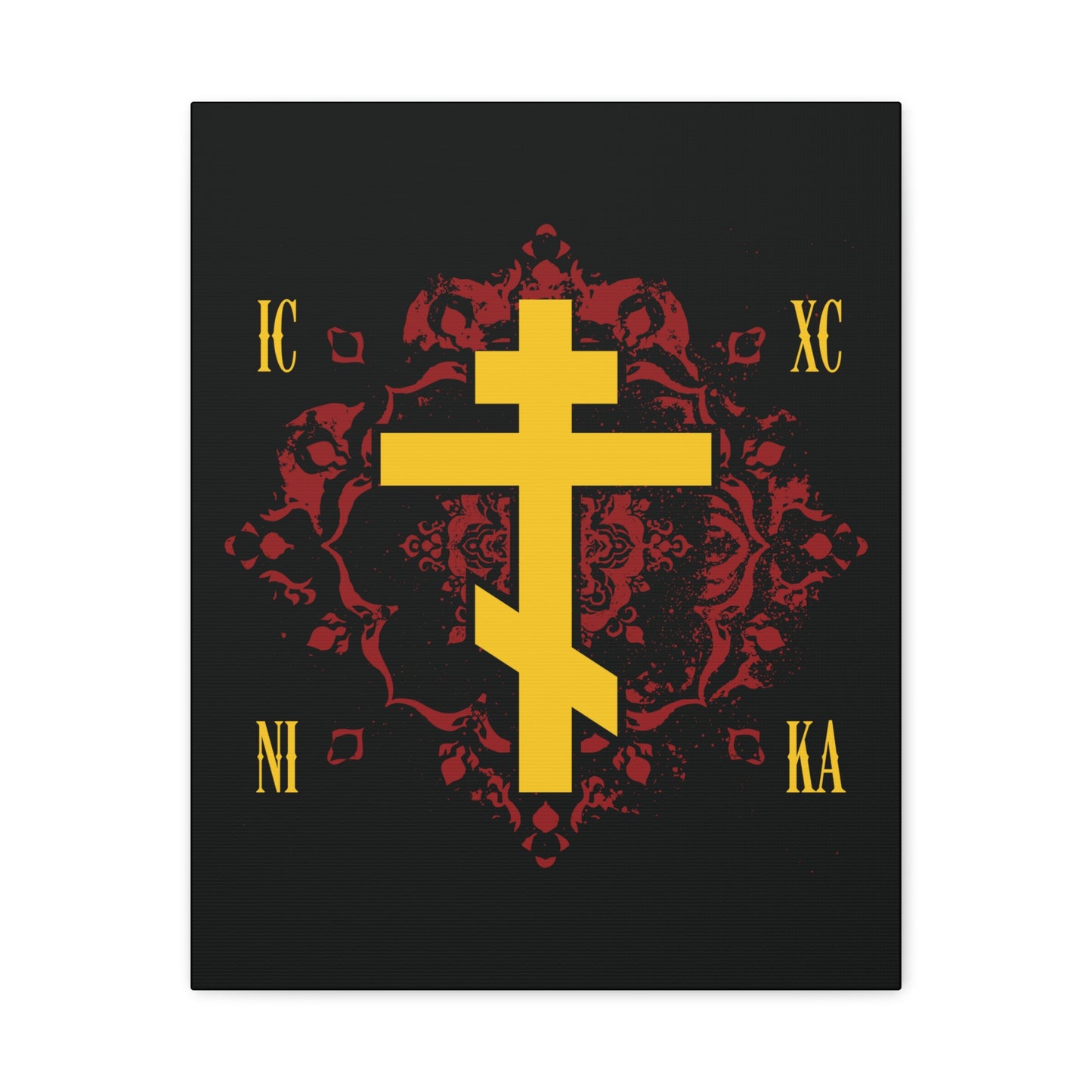 ICXC NIKA Yellow Russian Cross on ornate red background design, symbolizing Jesus Christ conquers—Orthodox Christian canvas art reflecting the faith of St Kosmas Aitolos.