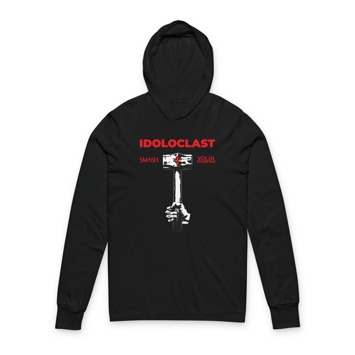 Black Idoloclast Idol-Smasher hoodie featuring Jesus’ fist with a sledgehammer, red “SMASH YOUR PASSIONS” text, and ICXC NIKA—celebrating Orthodox Christian asceticism and challenging convention.