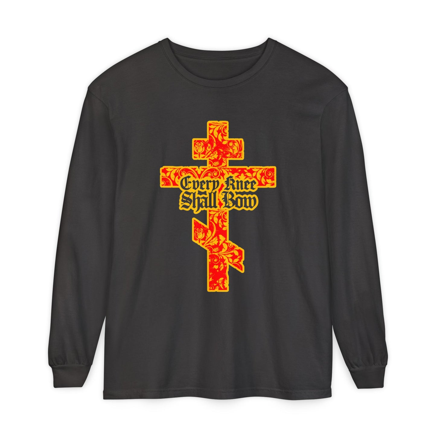 Black long-sleeve shirt featuring a gold and red floral Orthodox cross with gothic "Every Knee Shall Bow" lettering, inspired by Isaiah 45:22-24 and Philippians 2:7-11—celebrating salvation through Jesus Christ.