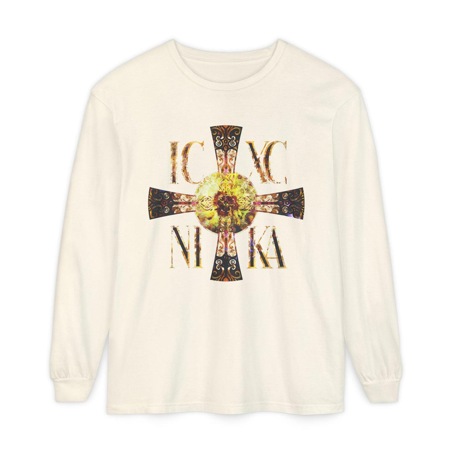 ICXC NIKA Celtic Style Equal Armed Cross | Bright Solar Texture | Orthodox Christian Long Sleeve Shirt