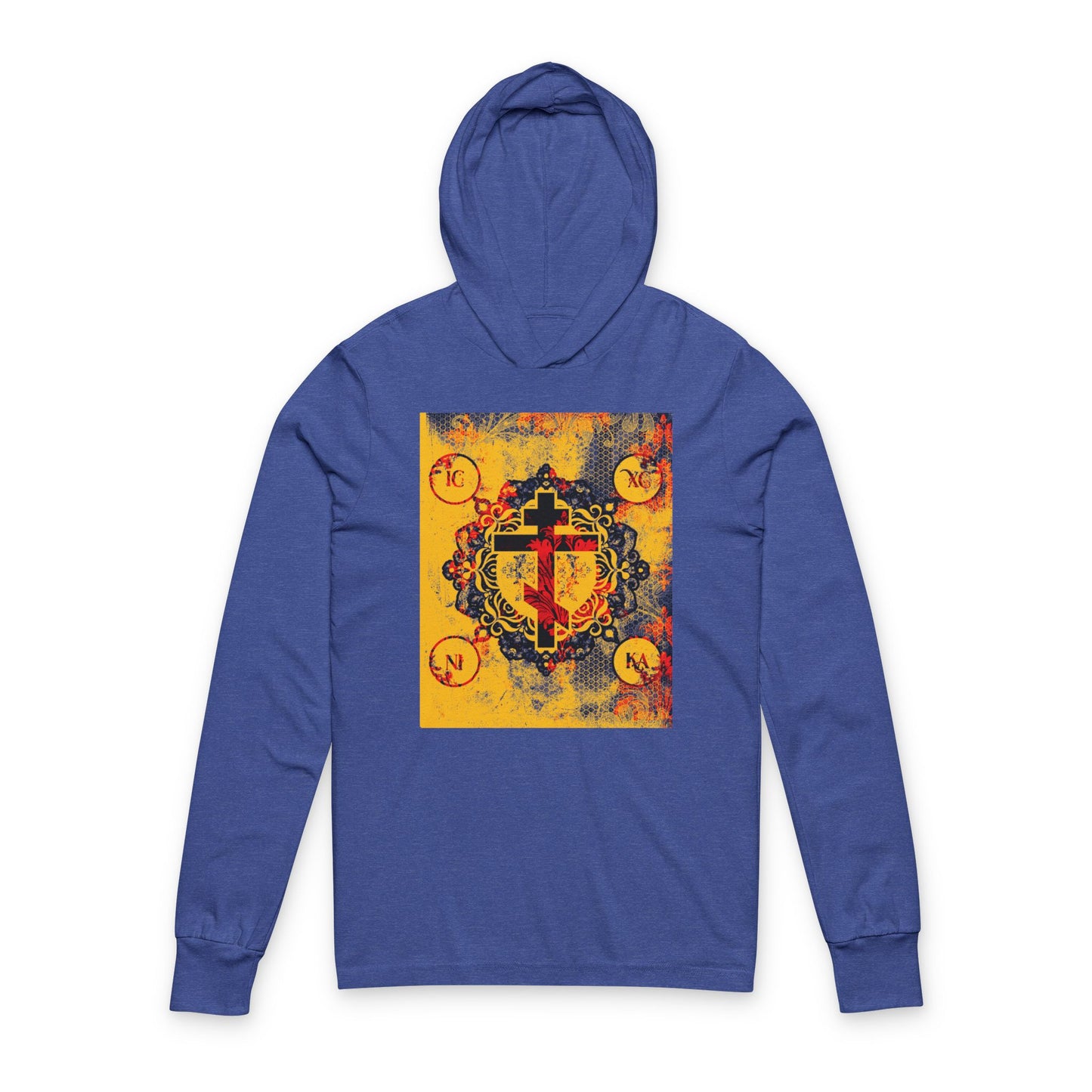 IC XC NIKA Orthodox Cross | Yellow & Red Modern & Medieval Textured Floral Design | Orthodox Long Sleeve Hooded Shirt