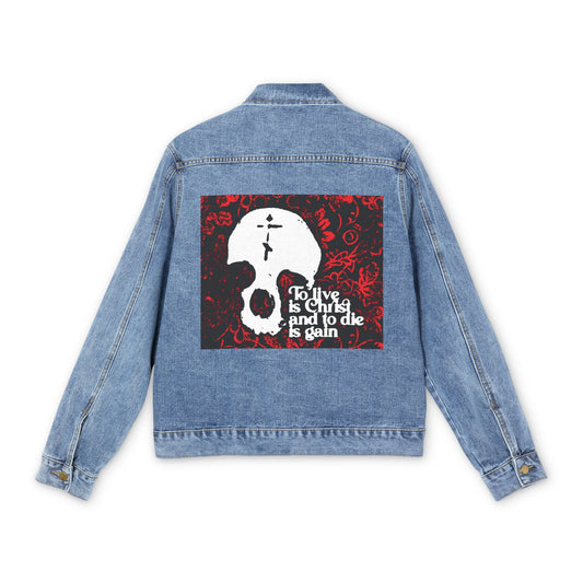 To Live is Christ To Die is Gain (Phil 1:21) | Skull with Cross on Red Floral Texture | Orthodox Christian Custom Blue Denim Jacket