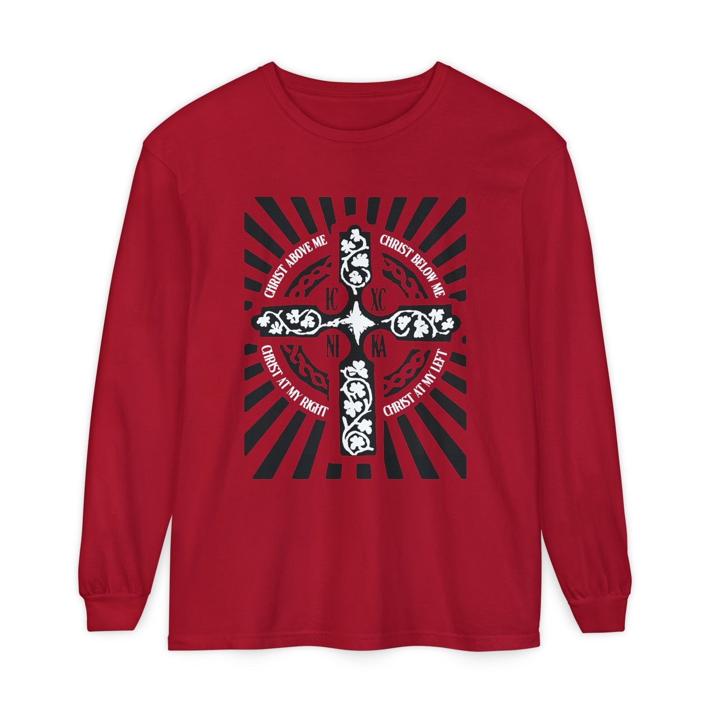 Red ICXC NIKA Enniskillen Celtic Cross | Lorica of St. Patrick | Shield Prayer | Orthodox Christian Long Sleeve Shirt