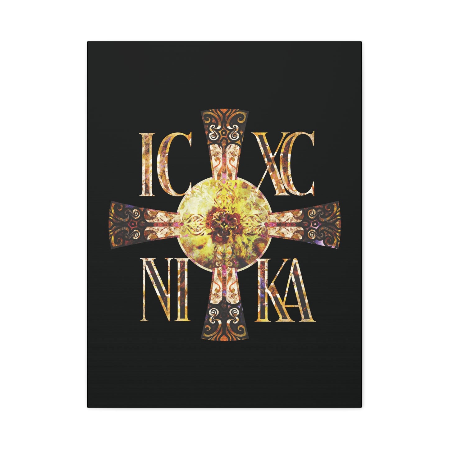 ICXC NIKA Celtic Style Equal Armed Cross | Bright Solar Texture | Orthodox Christian Canvas Art