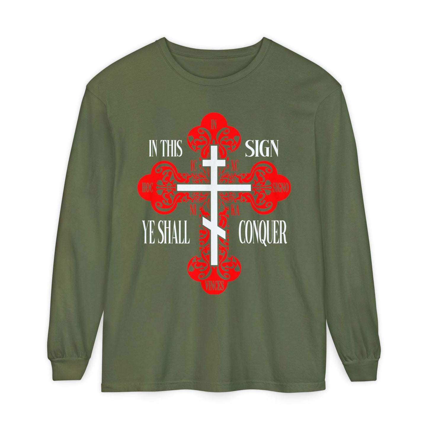 Hemp long-sleeve shirt featuring a red ornate Orthodox cross and “In This Sign Ye Shall Conquer”—a tribute to the Holy Cross and Orthodox faith. Product: In This Sign Ye Shall Conquer | ICXC NIKA | Jesus Christ Conquers.