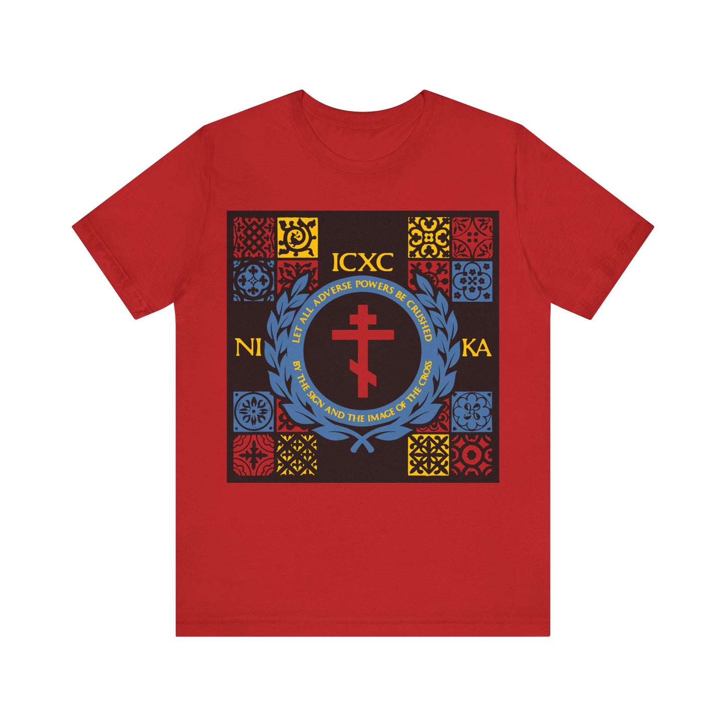 Let All Adverse Powers Be Crushed (Red, Yellow & Blue Design) | ICXC NIKA | Medieval Tile Design | Orthodox Christian T-Shirt
