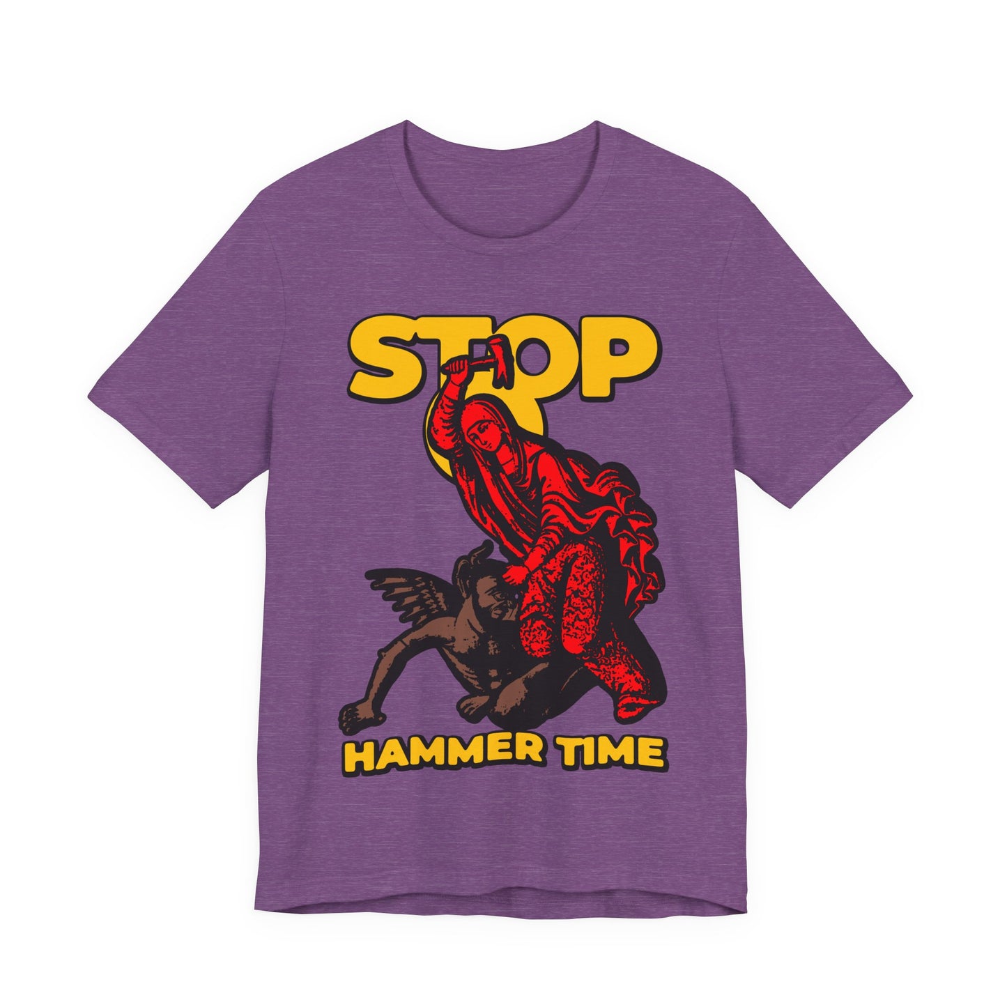 Purple unisex tee featuring St Marina of Antioch beating the devil with a hammer, comic style. "STOP, HAMMER TIME" text; red, blue & yellow modern Orthodox meme design inspired by the legendary Christian saint.