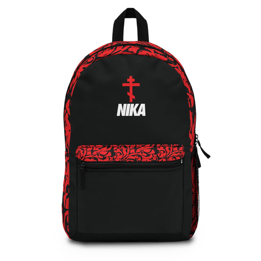 NIKA Red Orthodox Cross White Text Black Background | NIKE Logo Mashup | Sports Logo Aesthetic | Orthodox Christian Backpack