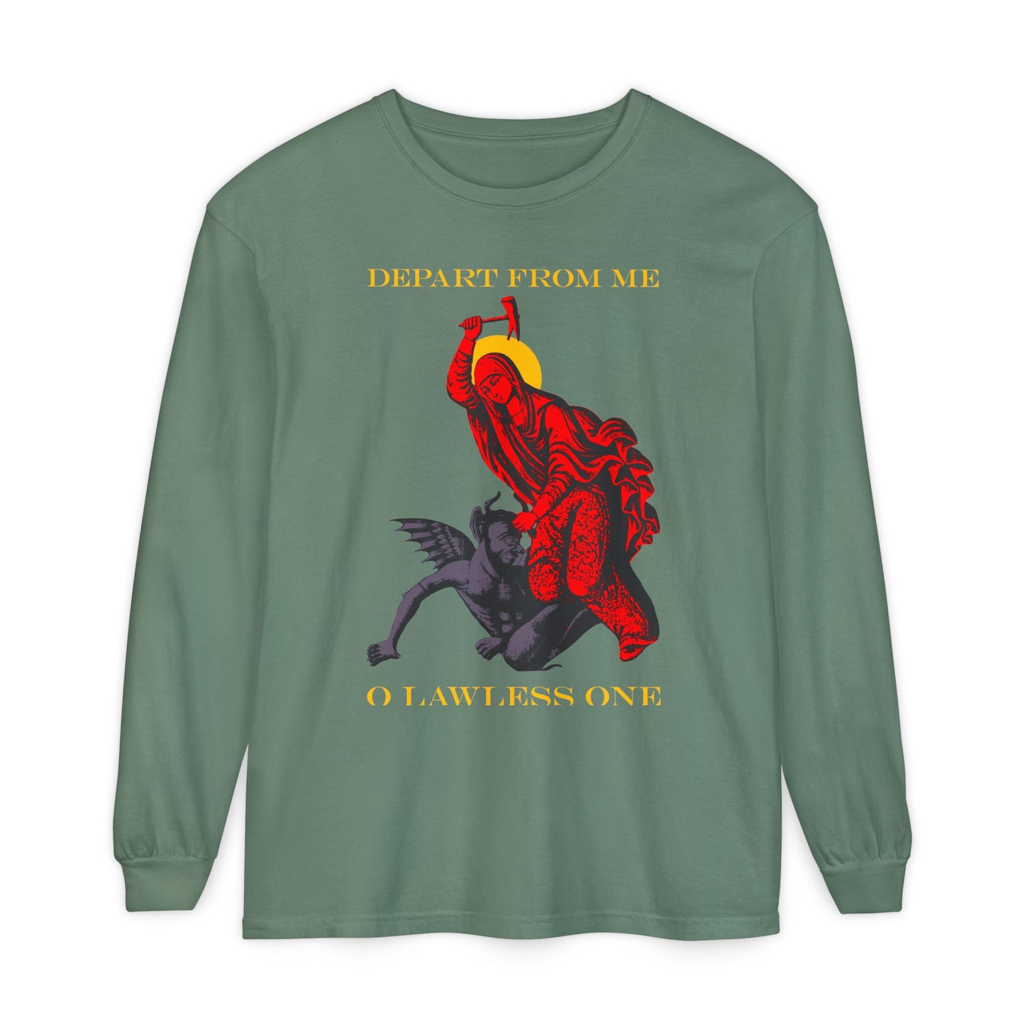 St Marina IconoGraphic (Depart from Me O Lawless One) | Saint Beating the Devil with a Hammer | Orthodox Christian Cotton Long Sleeve Shirt