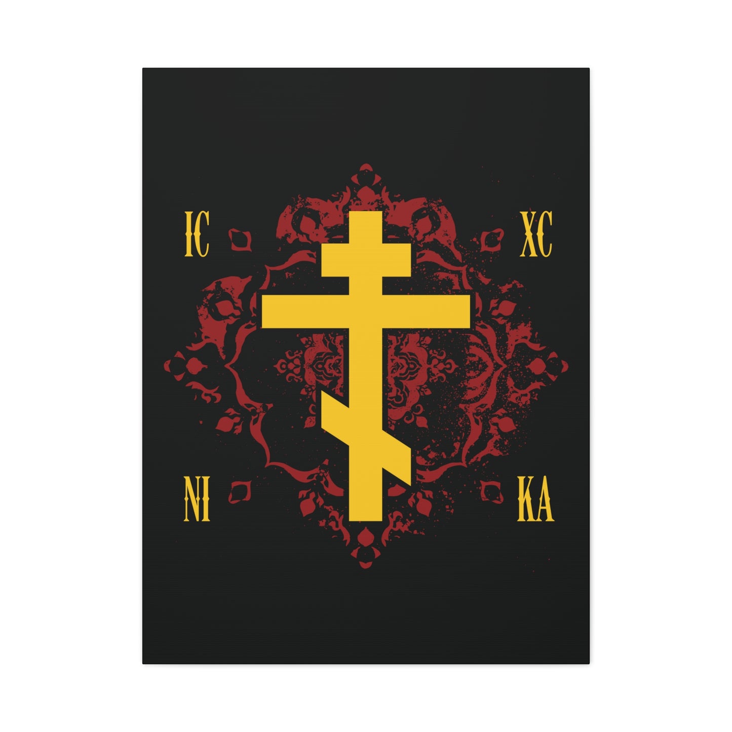 ICXC NIKA Yellow Russian Cross on ornate red background; gold Greek letters symbolize Christ conquering, inspired by Orthodox Christian teachings—canvas art representation.