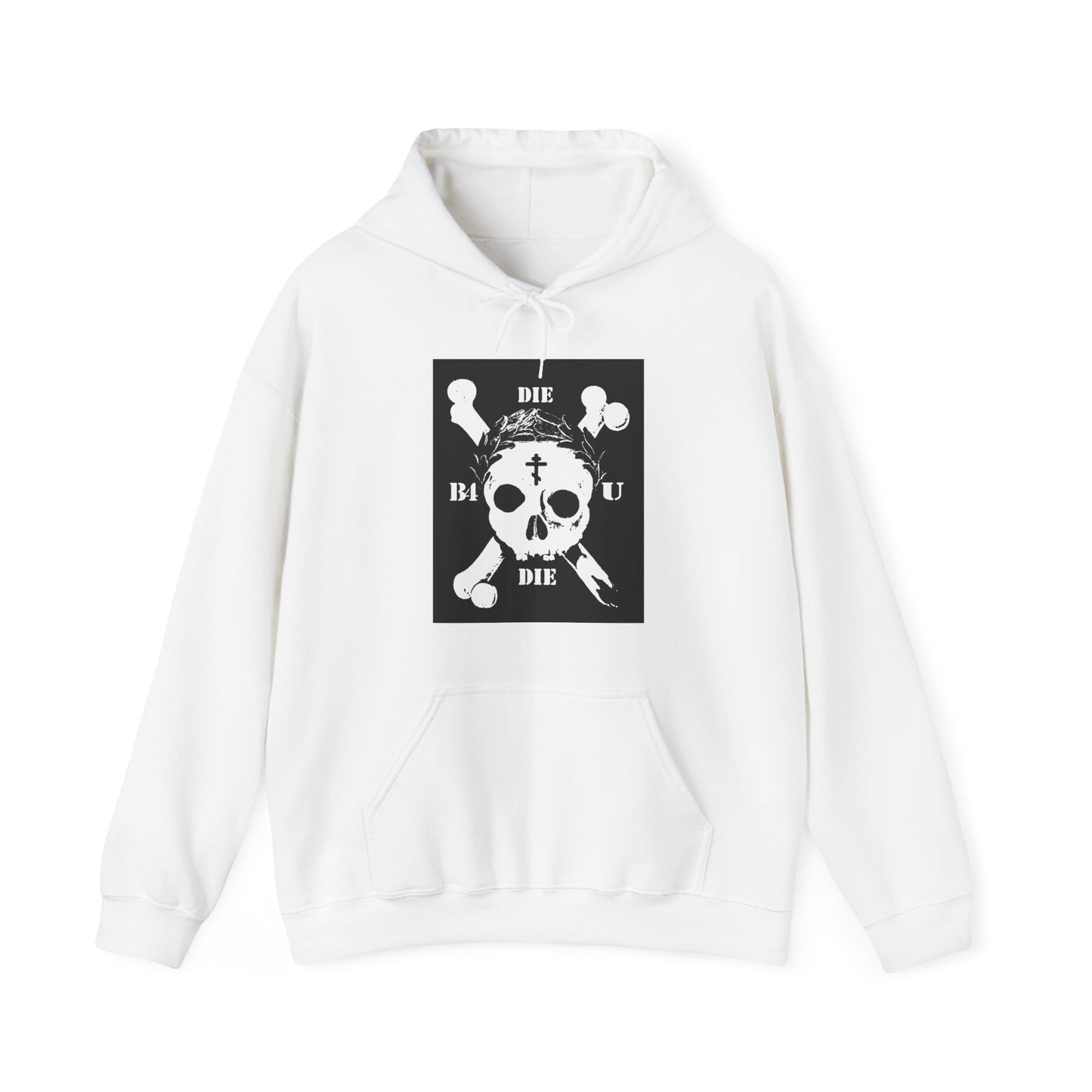 White "Die Before You Die" hoodie featuring retro skull & crossbones, Orthodox cross, and laurel wreath—Memento Mori ascetic Christian apparel inspired by Matthew 16:24-25 and the call to "take up his cross.