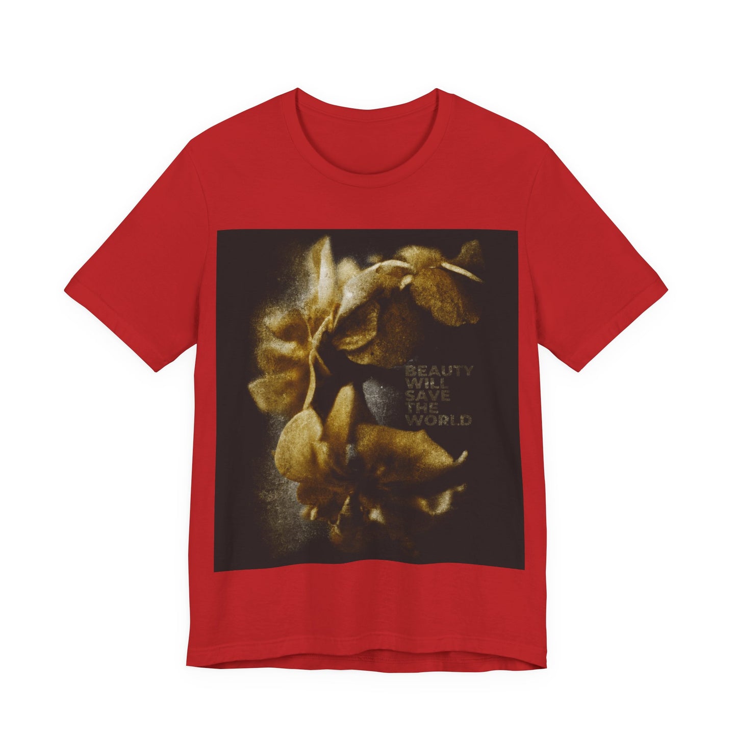 Red Orthodox Christian t-shirt featuring the phrase "Beauty will save the world" and a photographic artwork honoring Jesus Christ, Universal Creator & King. Inspired by Dostoevsky and creation's beauty.