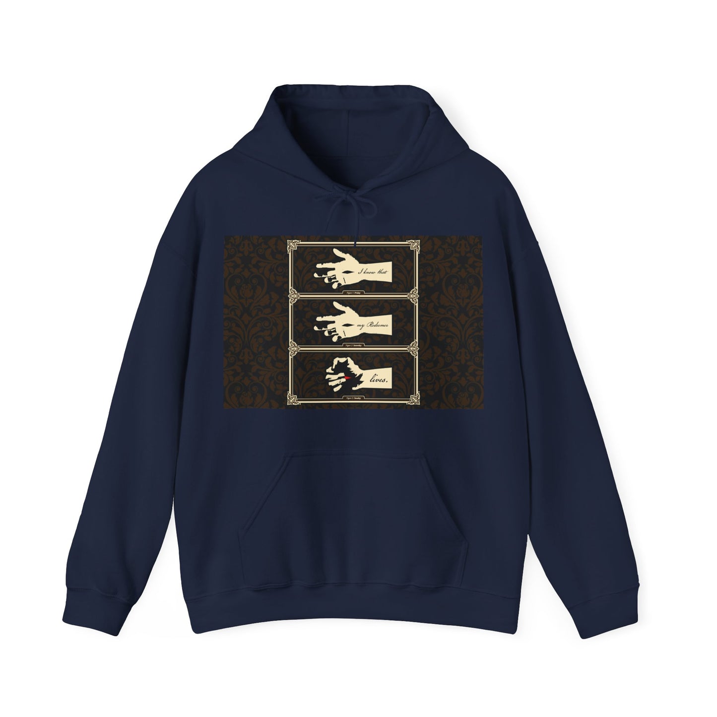 Navy "I Know That My Redeemer Lives" hoodie featuring a Hand of Crucified Christ in earthtone Americana style, inspired by Job 19:25, symbolizing resurrection and hope in Orthodox Christian faith.