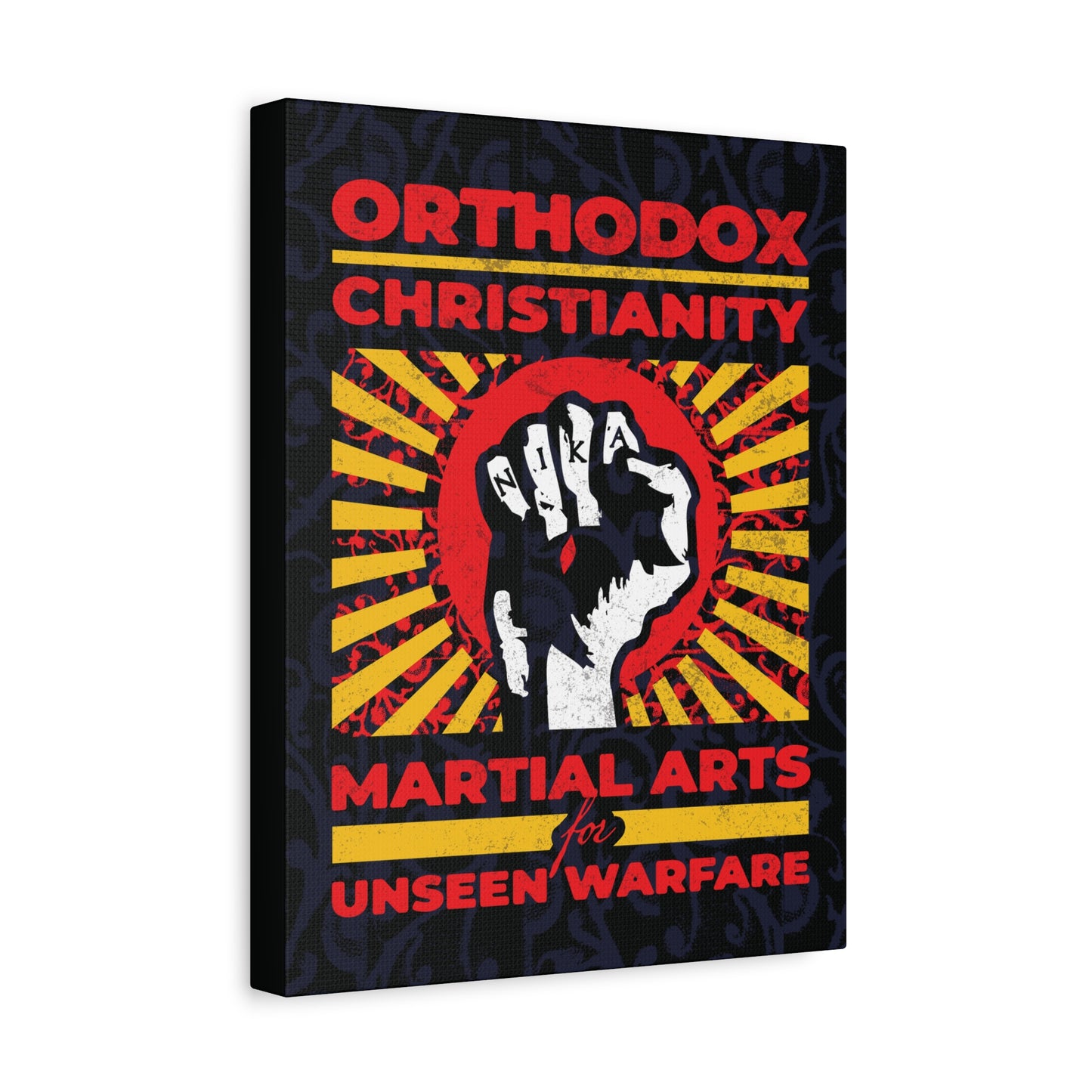 Orthodox Christianity: Martial Arts for Unseen Warfare | NIKA Jesus Fist on Colorful Sunburst Design | Orthodox Christian Canvas Art