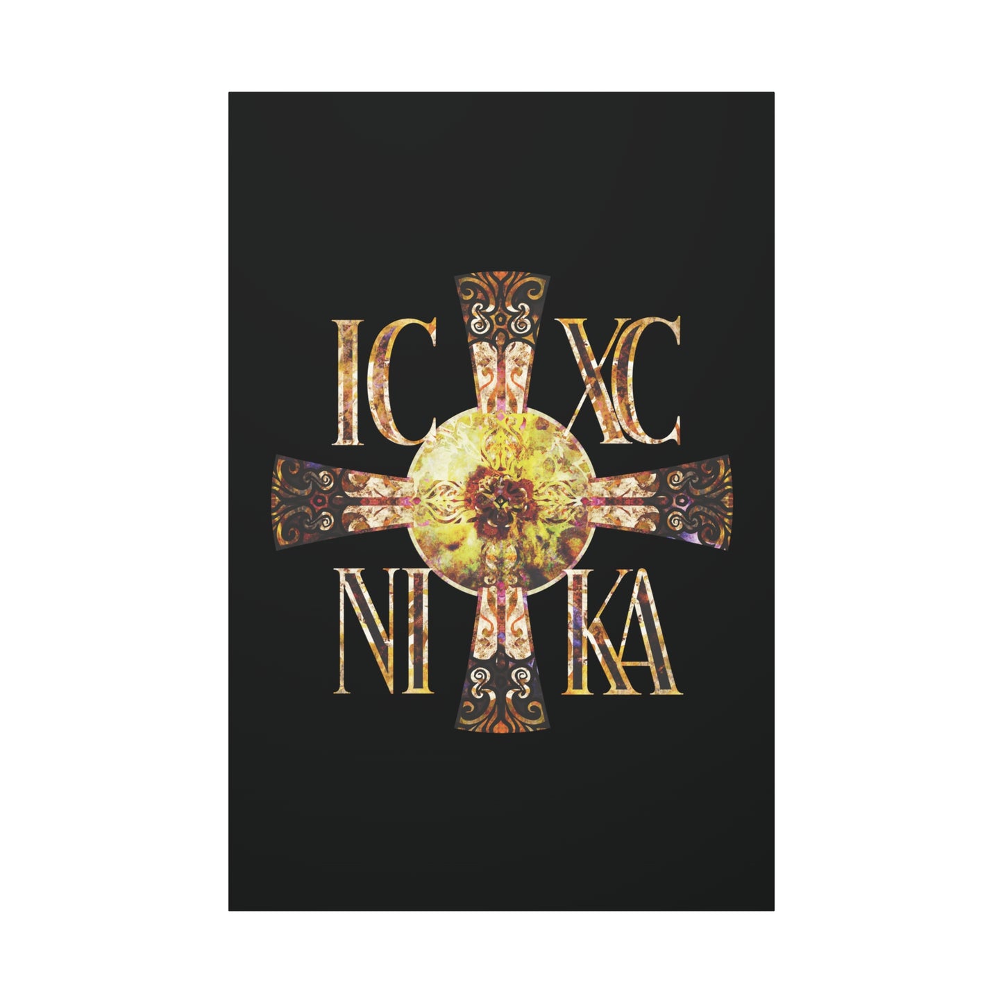 ICXC NIKA Celtic Style Equal Armed Cross | Bright Solar Texture | Orthodox Christian Canvas Art