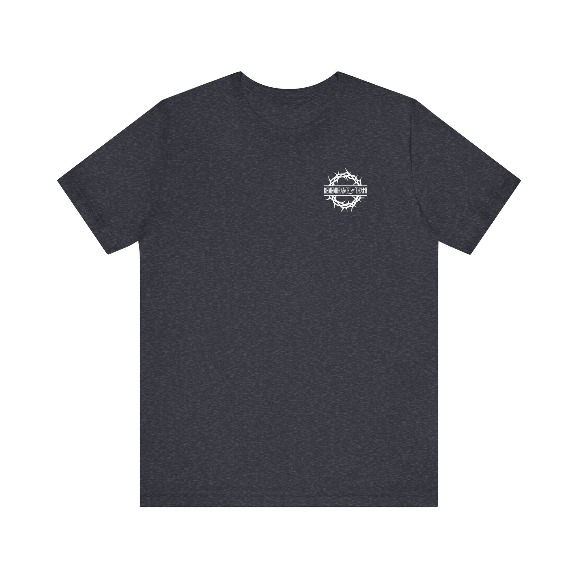 Dark gray "Dead to this World" Orthodox Christian t-shirt with a small branded logo and crown of thorns graphic on the front, inspired by renunciation in the Ladder of Divine Ascent; features 70s typography and goth flower cross & skull on back.