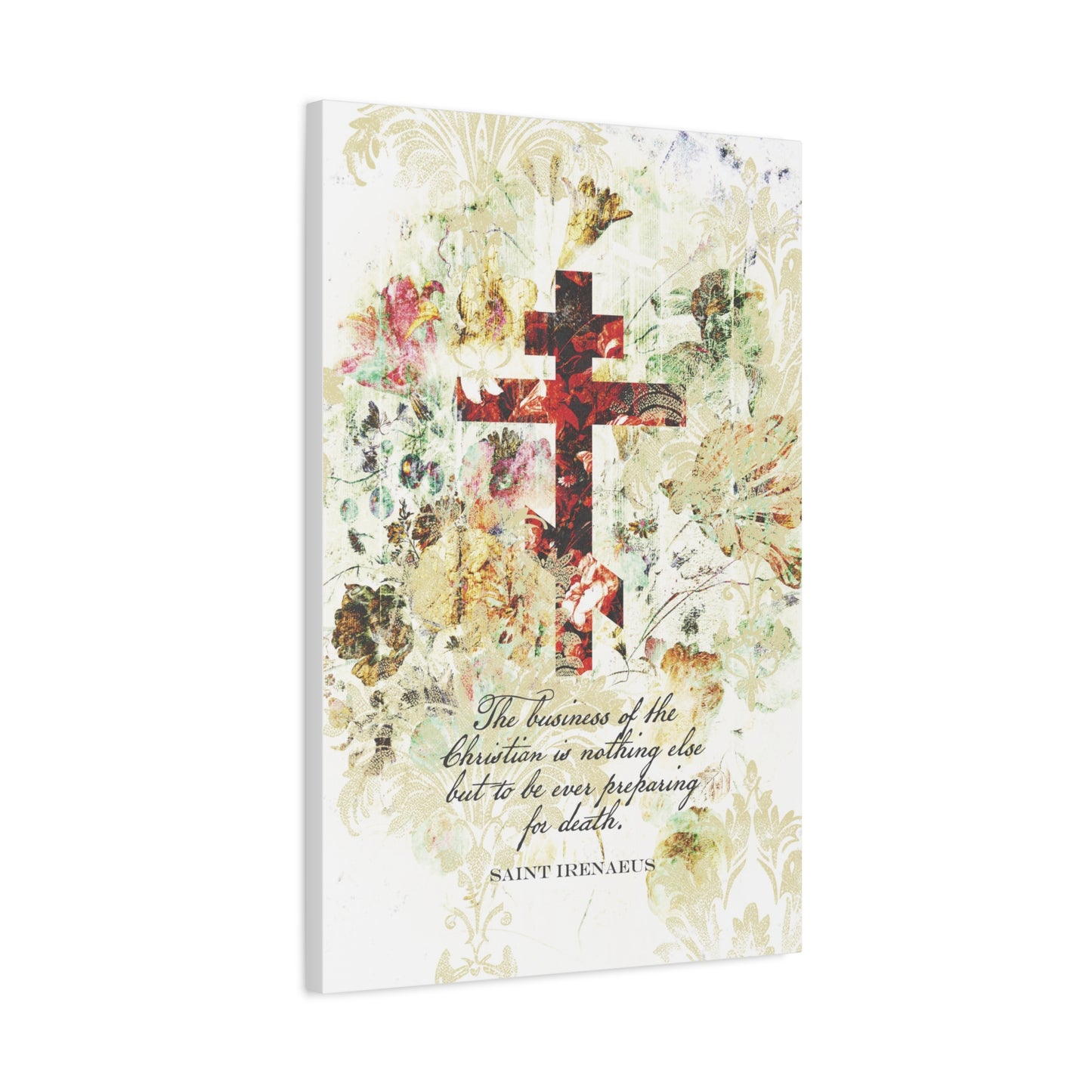 Preparing For Death | White & Beige Floral Scrapbook Texture Cross | Arts & Crafts Style | St Irenaeus | Orthodox Christian Canvas Art