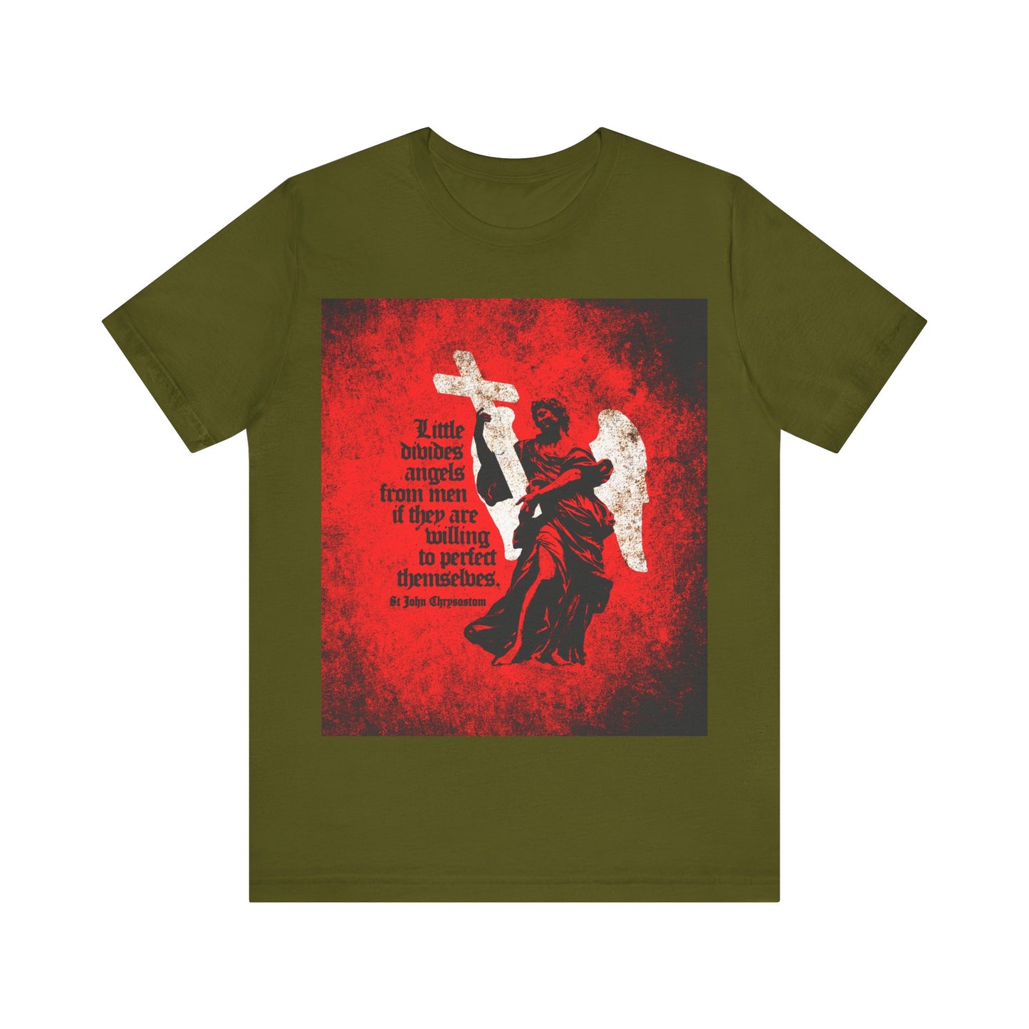 Olive "Little Divides Angels from Men" Orthodox Christian T-shirt featuring a textured cemetery angel and St John Chrysostom’s message on Christian perfection.