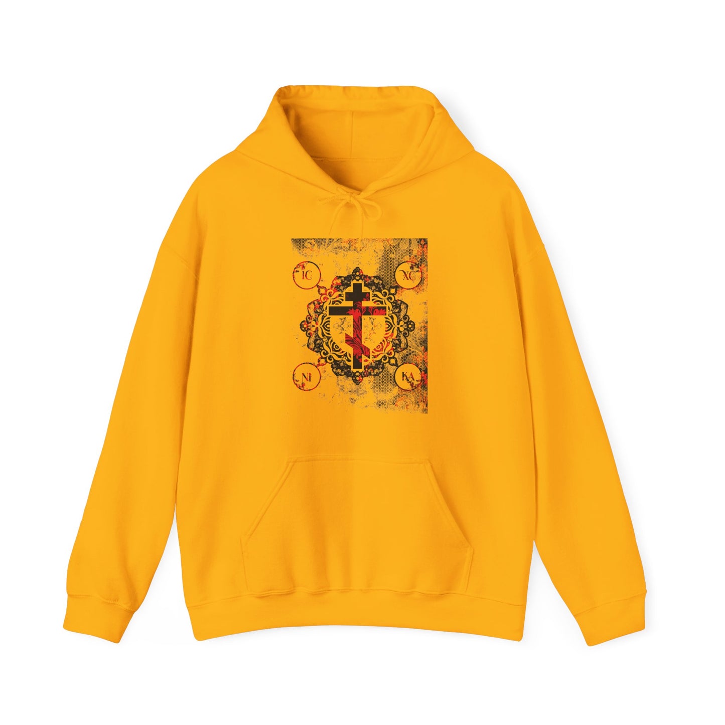 IC XC NIKA Orthodox Cross | Yellow & Red Modern & Medieval Textured Floral Design | Orthodox Christian Hoodie
