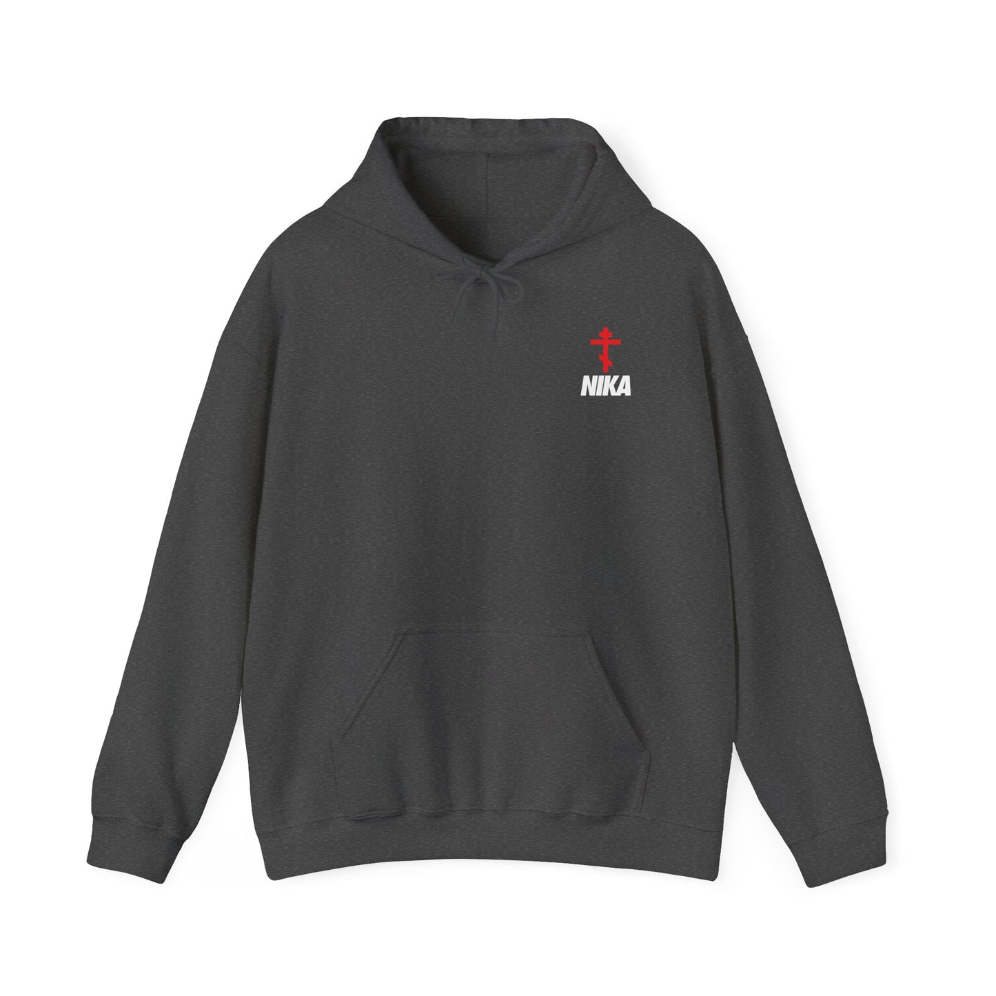 NIKA Red Russian Cross White Text (Small Design) | NIKE Logo Mashup | Minimalist Corporate Sports Logo Aesthetic | Orthodox Christian Hoodie / Hooded Sweatshirt-Dark Heather-S-Remembrance of Death