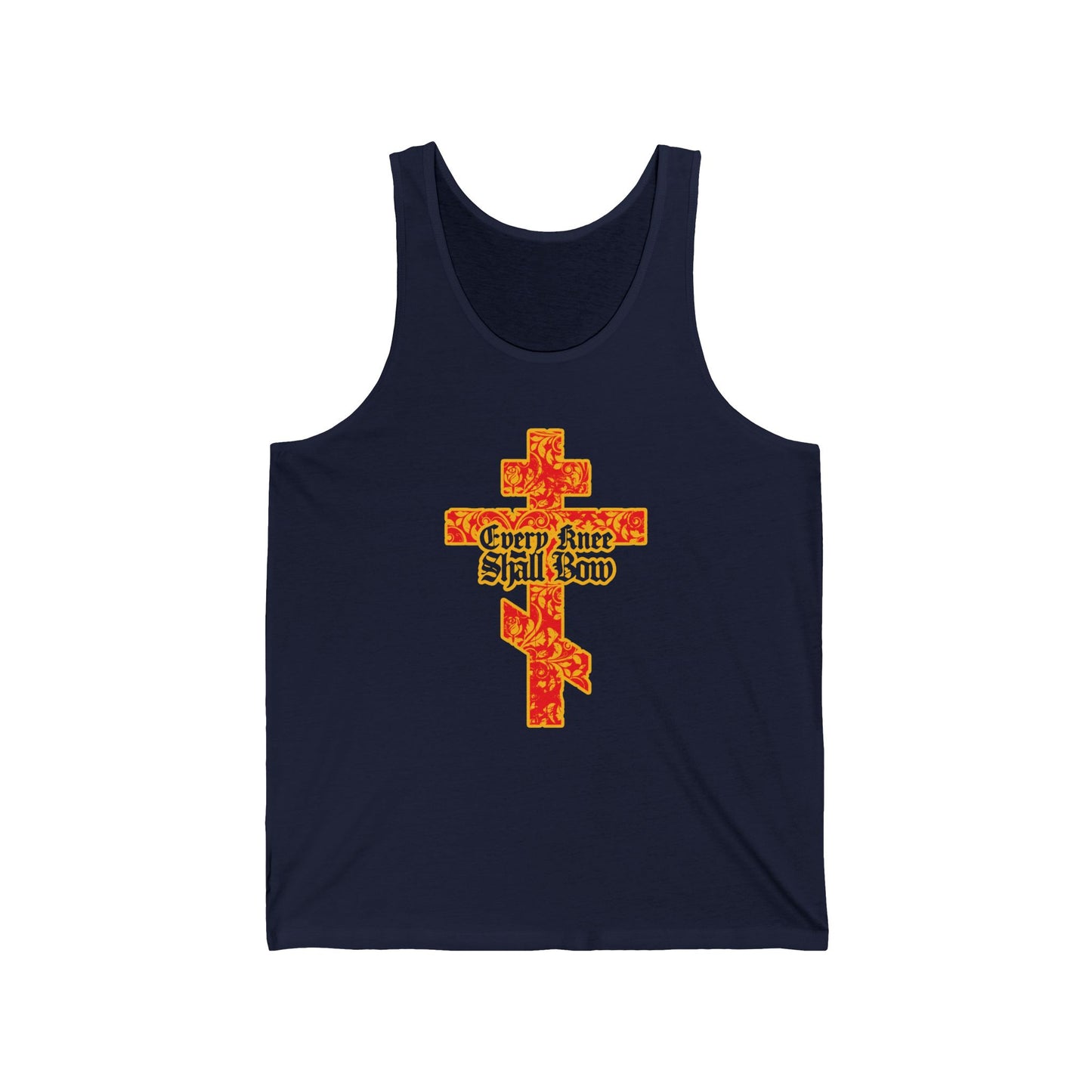 Navy Christian tank top featuring a gold and red floral Orthodox cross with Gothic "Every Knee Shall Bow" lettering. Inspired by Isaiah 45:22-24 & Philippians 2:7-11.