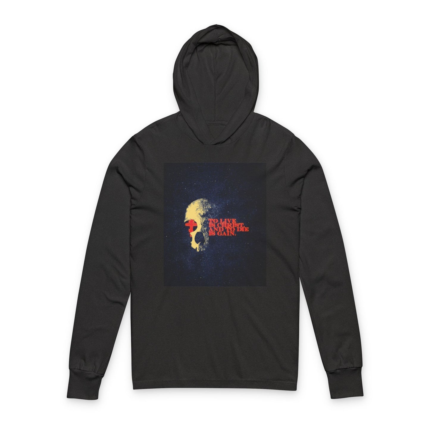 To Live is Christ and to Die is Gain | Phil 1:21 | Retro Texture | Glowing Letters and Cross with Skull | Orthodox Long Sleeve Hooded Shirt