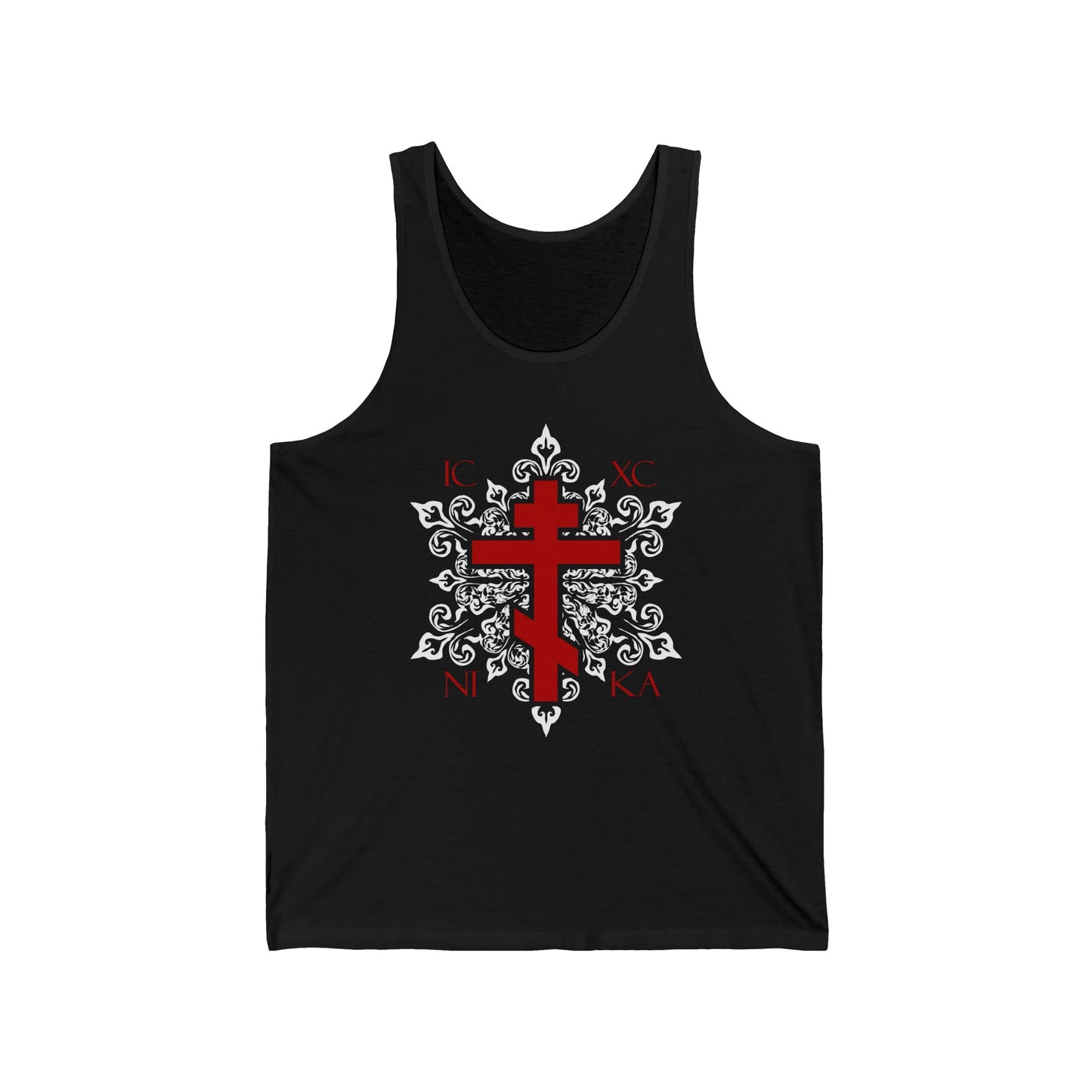 ICXC / NIKA Red Orthodox Cross on Ornate White Medieval Floral Design | Exclusive Best-Selling | Orthodox Christian Jersey Tank Top