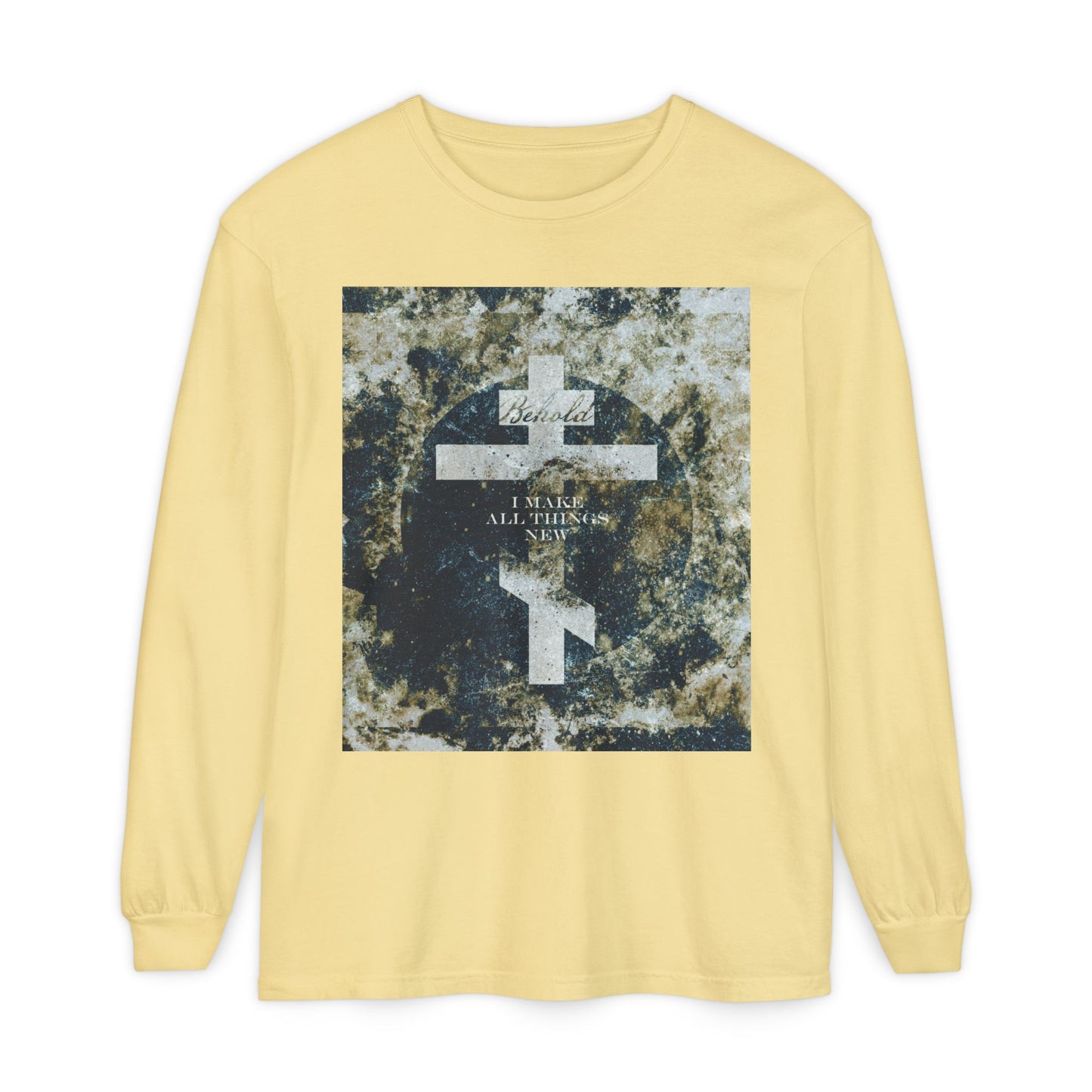 Behold, I Make All Things New | Revelation 21:5 | Cosmic Textured Orthodox Cross | Parousia | Orthodox Christian Long Sleeve Shirt