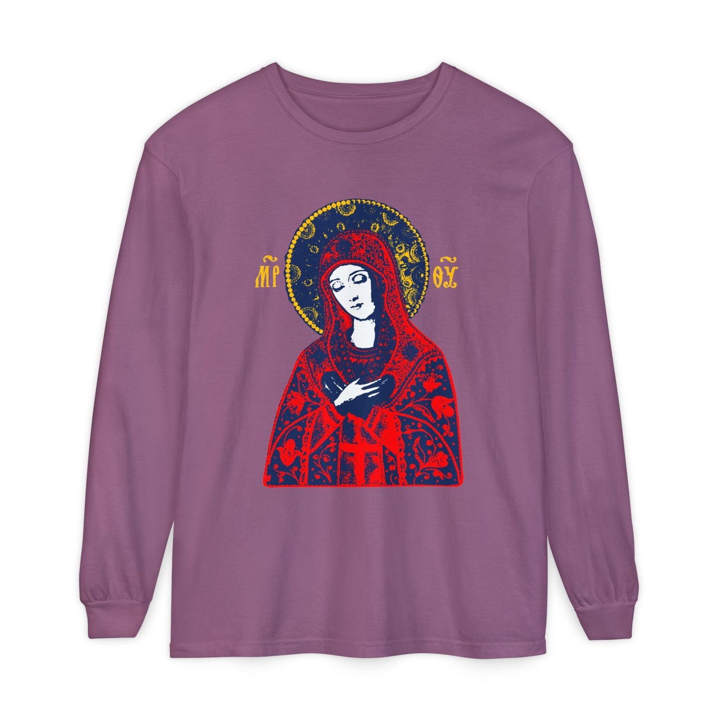 Joy of All Joys Tenderness Theotokos Iconographic Based on Traditional Orthodox Iconography | Red Design | Orthodox Christian Long Sleeve Shirt