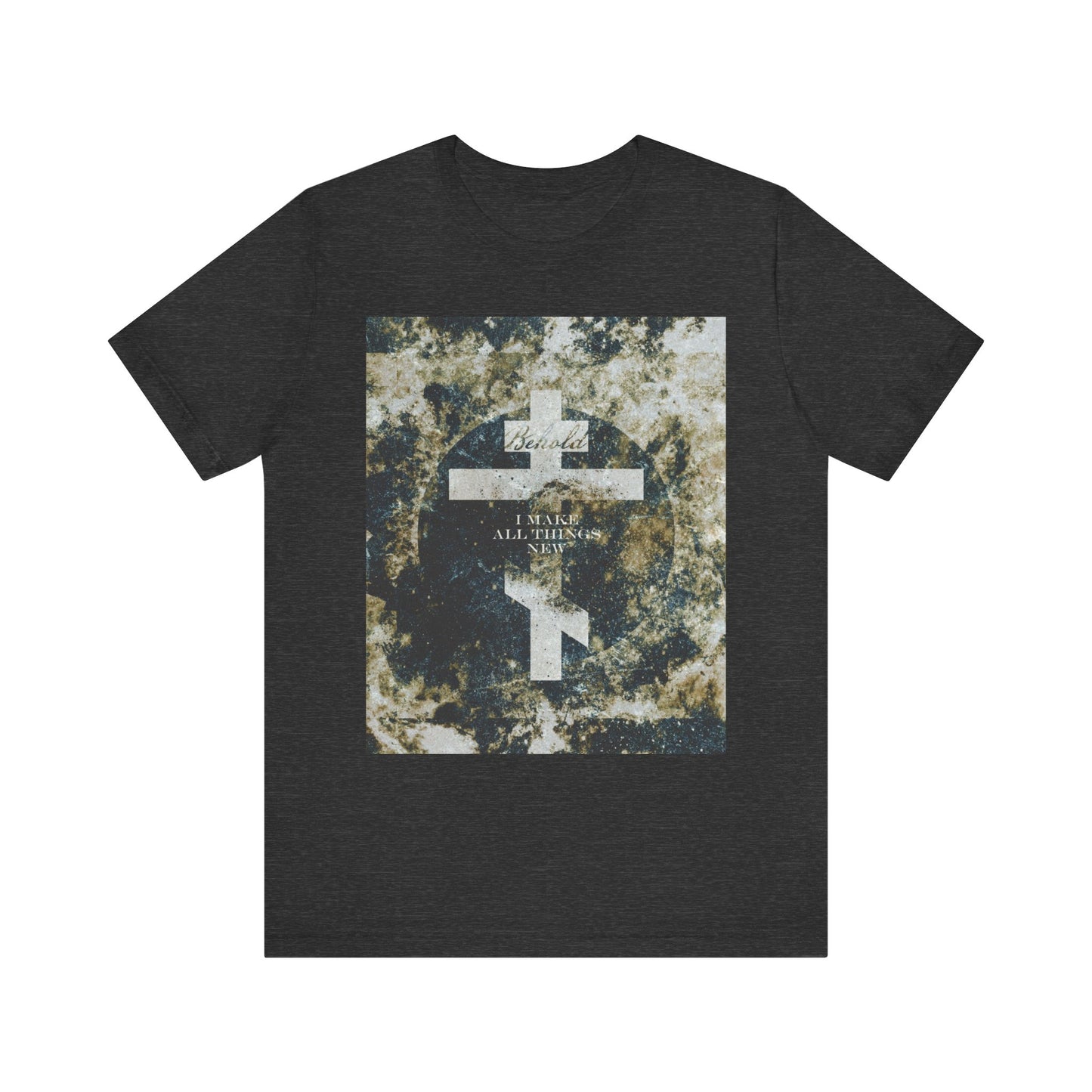 Dark Grey Heather tee featuring a cosmic textured Orthodox cross and the verse "Behold, I Make All Things New" (Revelation 21:5). A thoughtful Christian gift inspired by Parousia and new creation.