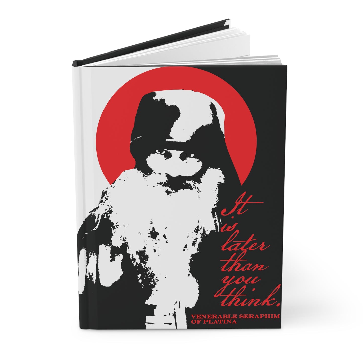 Remembrance of Death "It’s Later Than You Think" is a black journal with a high-contrast monochrome Orthodox monk, a red halo, and bold red script. Inspired by Fr Seraphim Rose, it’s an essential memento mori for Orthodox Christians.