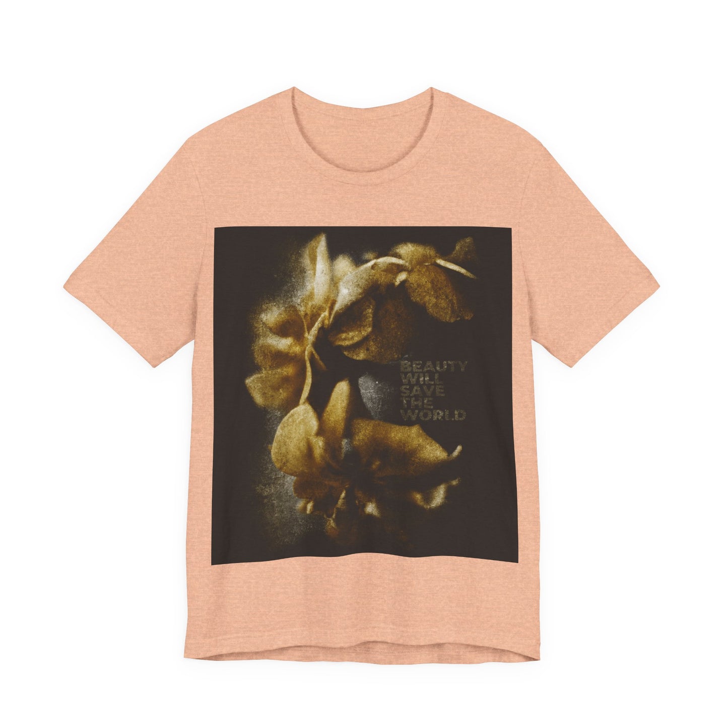 Heather peach t-shirt featuring a dark floral graphic and "Beauty Will Save the World" text, inspired by Dostoevsky. Showcases photographic artwork glorifying Jesus Christ, Universal Creator & King. Orthodox Christian design.
