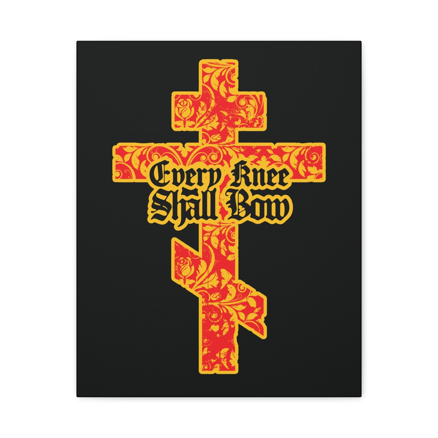 The "Every Knee Shall Bow" Christian wall art features a gold and red floral texture Orthodox cross with gothic lettering, inspired by Isaiah 45:22-24 and Phil 2:7-11, on a black background.
