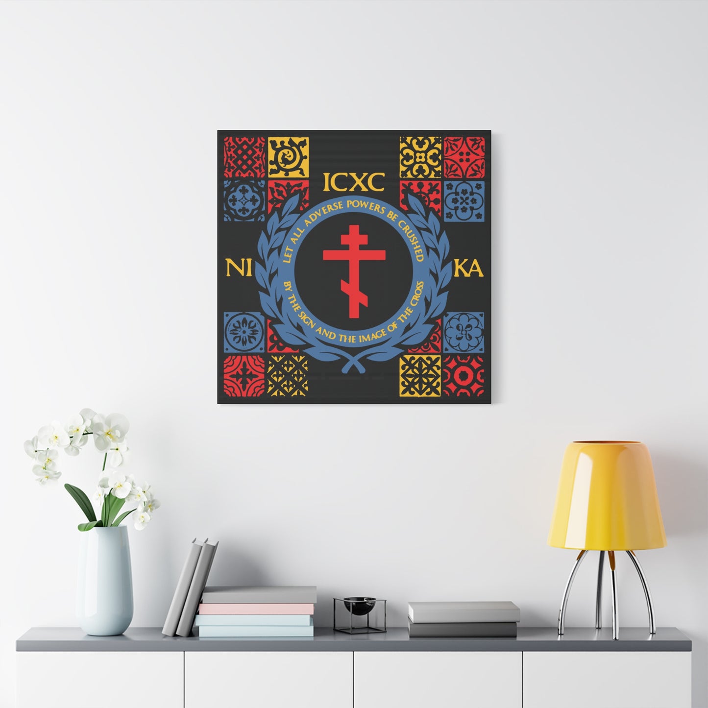 Let All Adverse Powers Be Crushed (Red, Yellow & Blue Design) | ICXC NIKA | Medieval Tile Design | Orthodox Christian Canvas Art