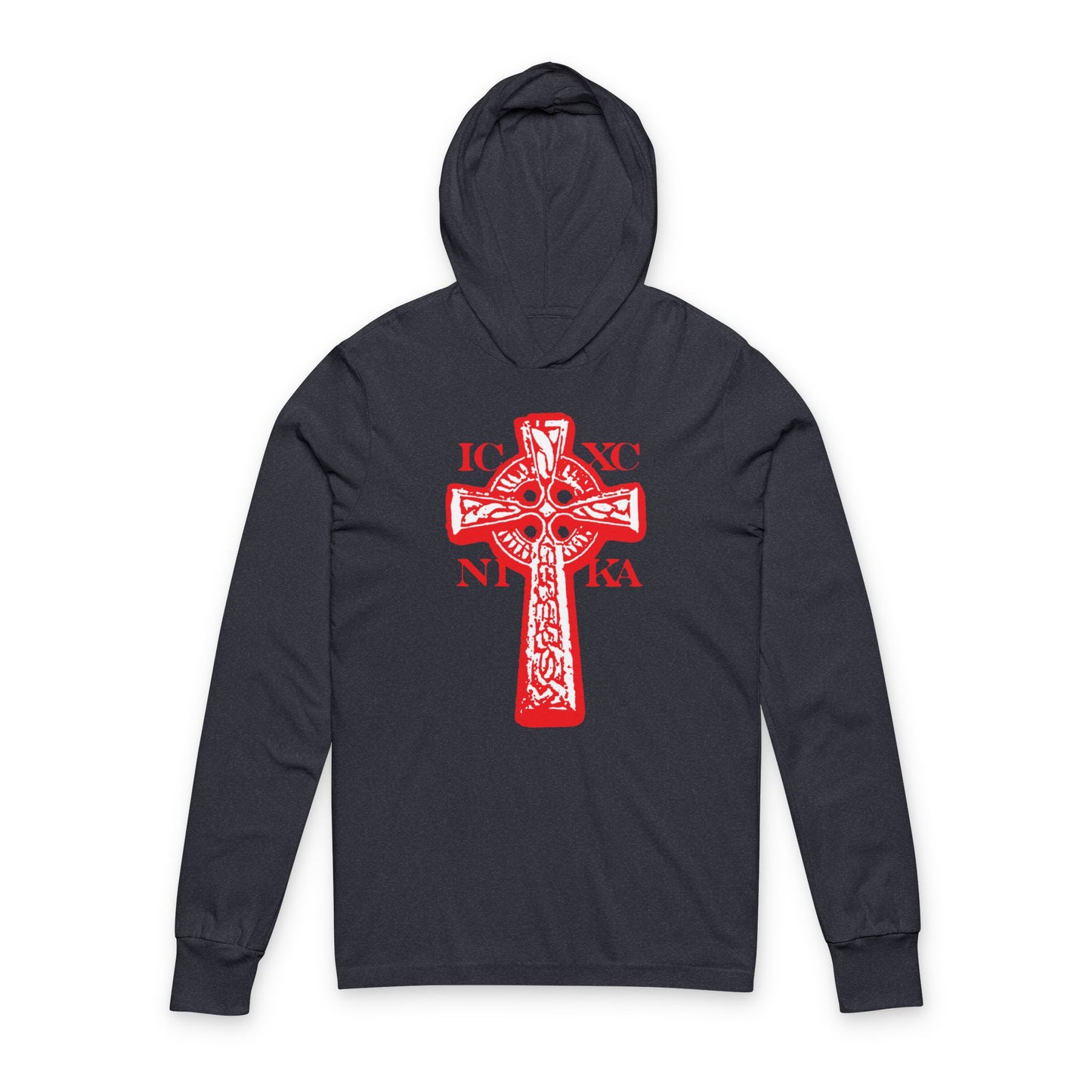 Heather navy hoodie featuring the ICXC NIKA Celtic Knotwork Cross in black and white on a red background, symbolizing "Jesus Christ Conquers" in traditional Orthodox Christian style.