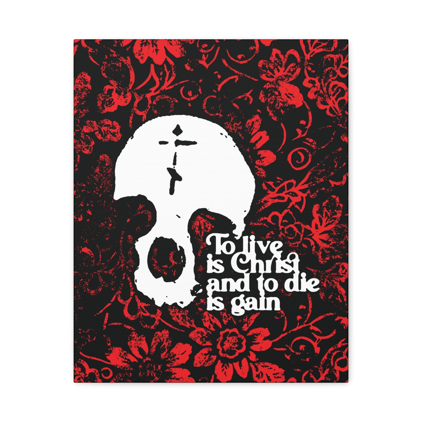 To Live is Christ To Die is Gain (Phil 1:21) | Skull with Cross on Red Floral Texture | Orthodox Christian Canvas Art