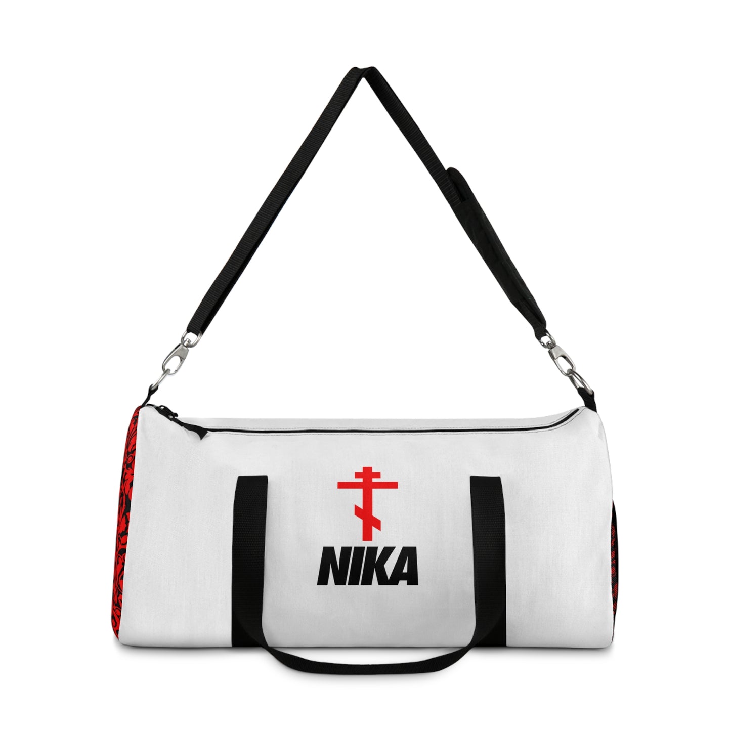 NIKA Red Orthodox Cross | White Bag | NIKE Logo Mashup | Minimalist Corporate Sports Logo Aesthetic | Orthodox Christian Gym Duffel Bag