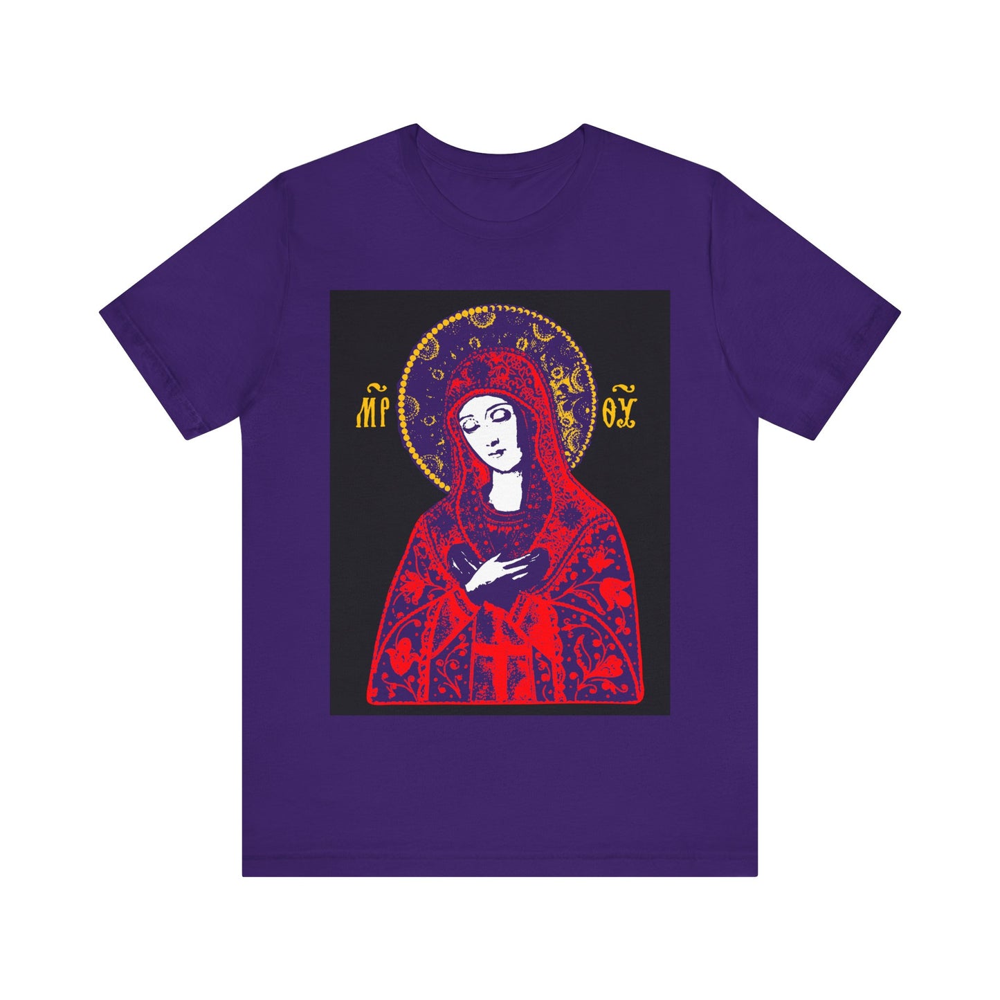 Team Purple "Joy of All Joys Tenderness Theotokos" Orthodox Christian T-shirt featuring a bright red, yellow, and white iconographic design inspired by traditional Orthodox iconography on the front.