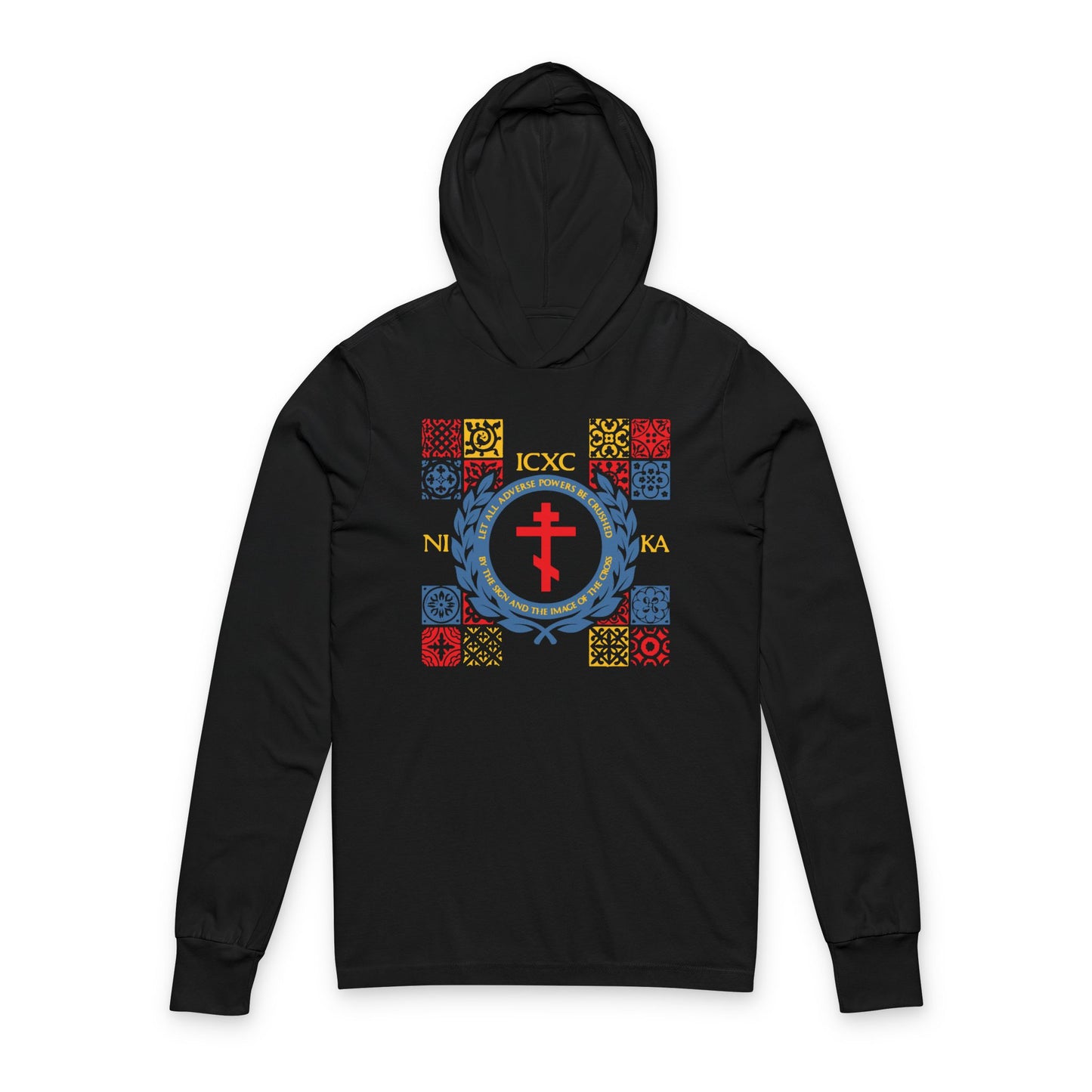 Let All Adverse Powers Be Crushed (Red, Yellow & Blue Design) | ICXC NIKA | Medieval Tile Design | Orthodox Long Sleeve Hooded Shirt