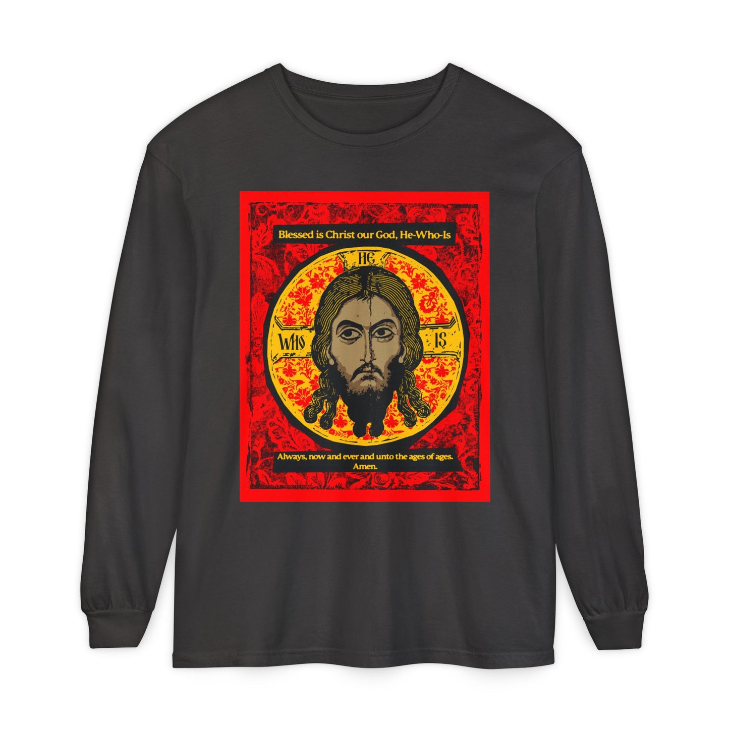 Remembrance of Death “Made Without Hands” long sleeve shirt features a red, black, and yellow Orthodox icon of Jesus (Mandylion/Image of Edessa) in ornate patterns with the Troparion Tone 2 text: “Blessed is Christ our God, He-Who-Is...”.