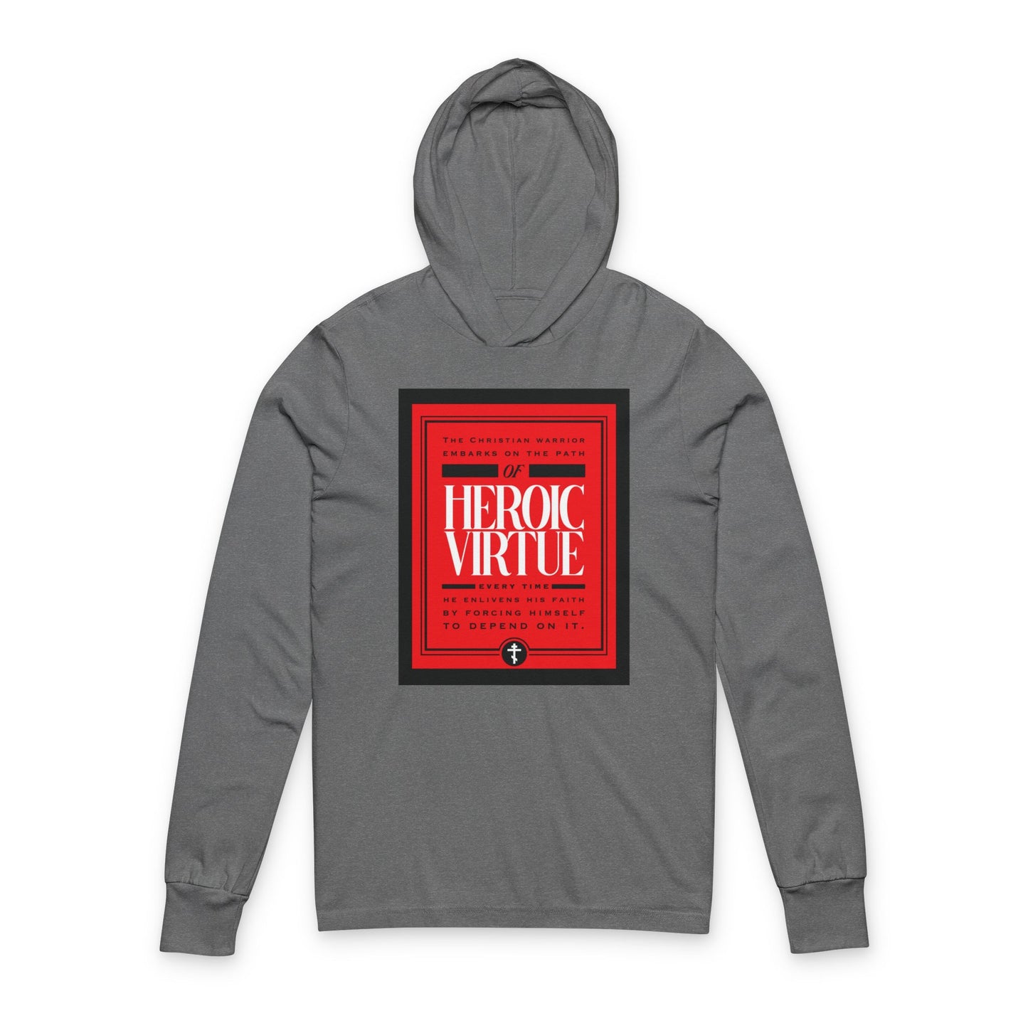 Grey TriBlend hoodie featuring "Christian Warrior | Path of Heroic Virtue" front design, devotional quote (Phil 4:13), and faith-inspired details—ideal for those seeking daily motivation and ascetic Christian ethos.